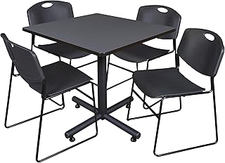 Regency Kobe 36-Inch Square Breakroom Table, Grey, and 4 Zeng Stack Chairs, Black