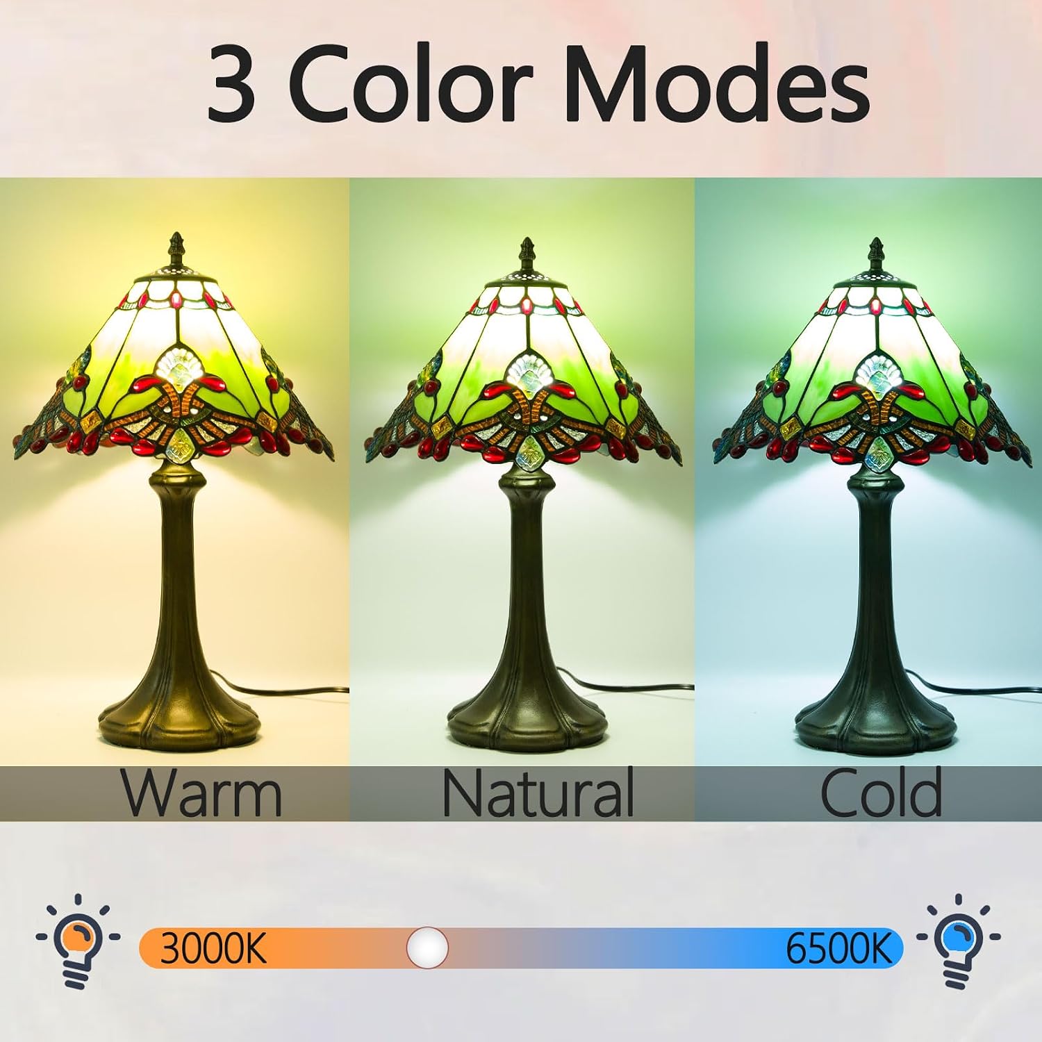Crefotu 12 Inch Baroque Style Tiffany Table Lamp, Vintage Stained Glass Desk Lamp with Remote Control, 3 Color Temperature & Brightness Level for Office Home Bedroom Living (Green)