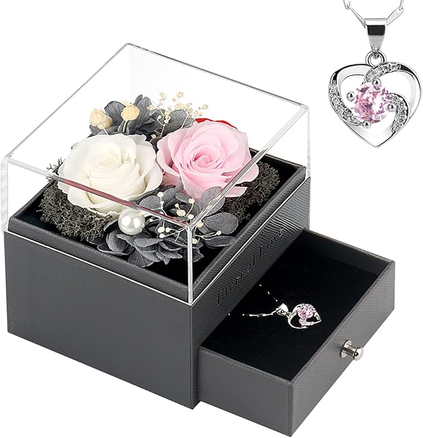 SHOKUTO Birthday Gifts for Her-2 Eternal Real Rose with Necklace, Gifts for Women Wife Mum Grandma Girlfriend on Birthday Anniversary Mothers Valentines Christmas Day