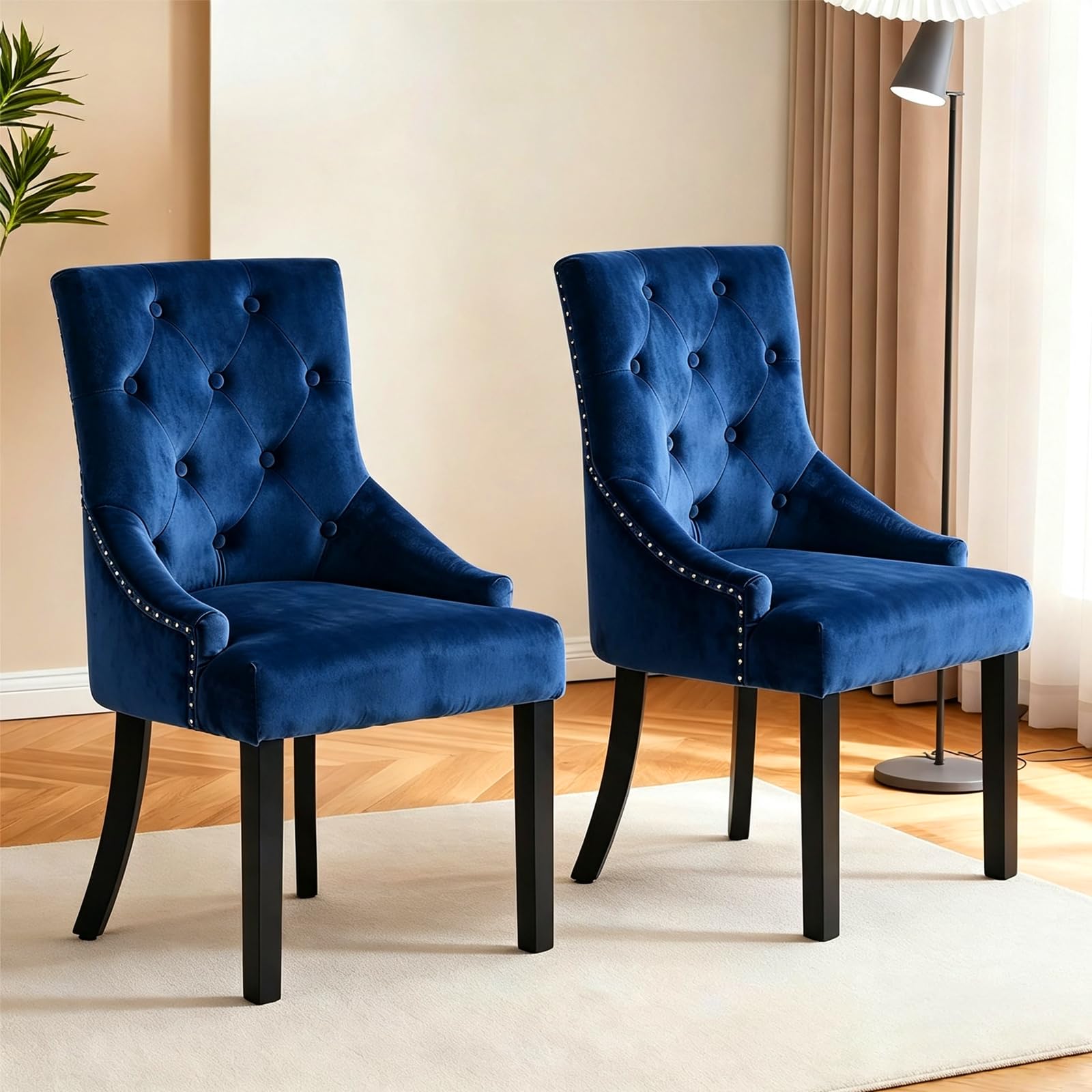 Homullel Velvet Dining Chairs Set of 2, Knocker Back Windsor Chairs for Dining Room, Kitchen (Blue)