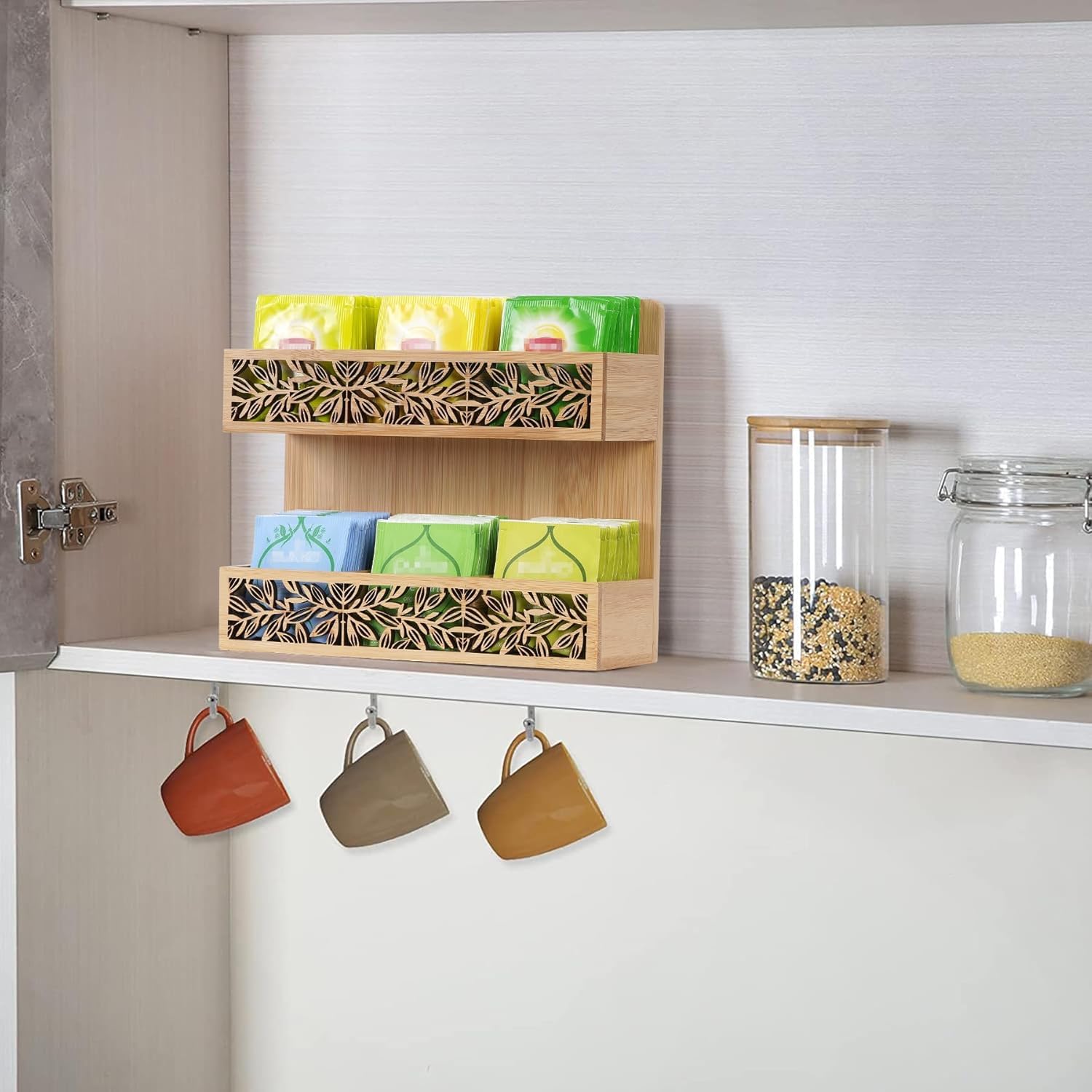 Teebox Teebeutel Organizer,Teekiste Exquisite durchbrochenes mit 6 Fächern Teehalter,Vertikaler und Wandmontage Teeaufbewahrung - Teebeutelbox für Teebeutel Zucker Kaffeekapsel