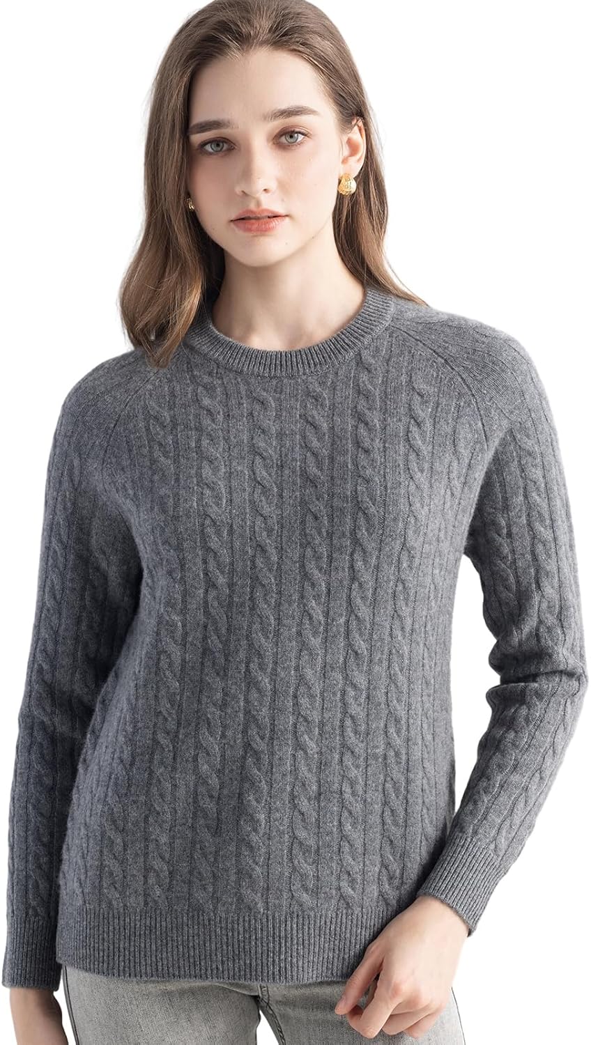 Chanyarn Women's 100% Cashmere Soft Cable Knit Crew Neck Sweater Rib Knit Top Fall Winter Long Sleeve Basic Pullover