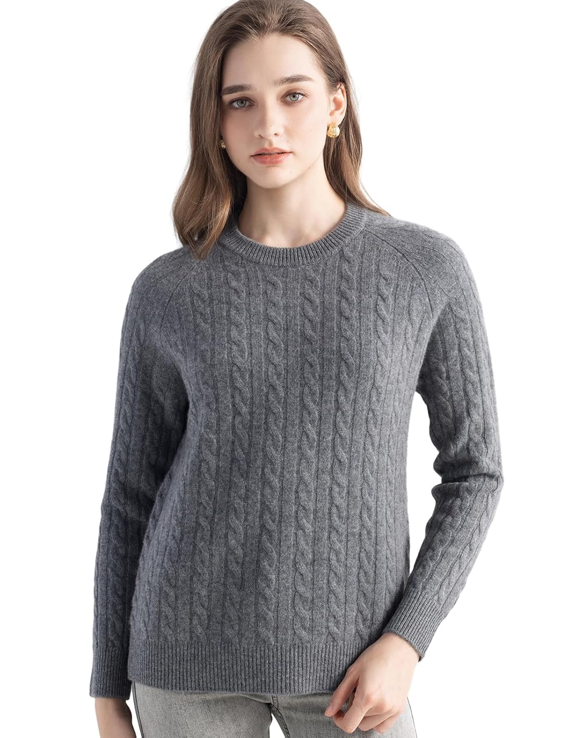 Chanyarn Womens 100 Cashmere Soft Cable Knit Crew Neck Sweater Rib Knit Top Fall Winter Long Sleeve Basic
