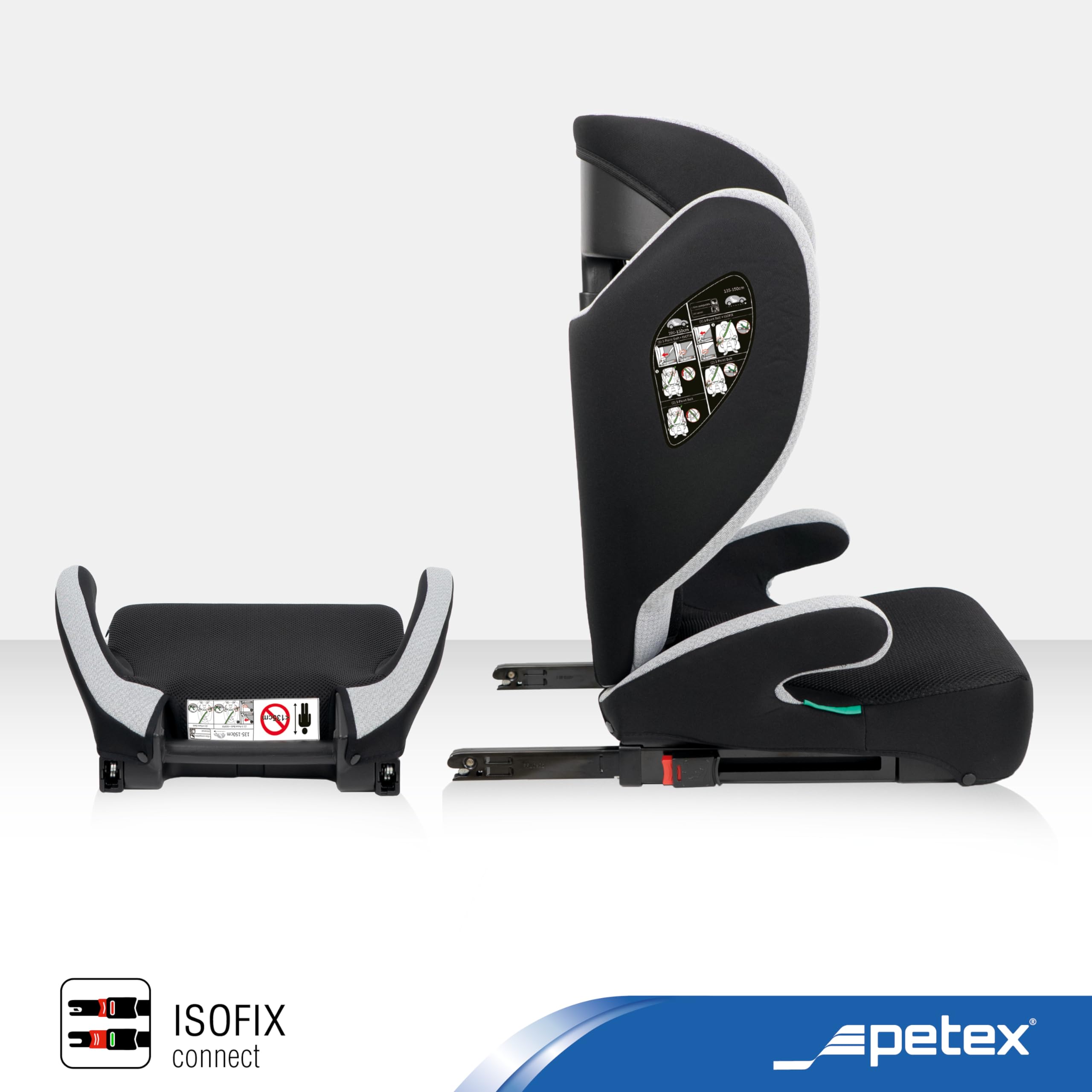 PETEX Fotelik samochodowy dla dzieci z ISOFIX – Basic Plus i-Size zgodny z normą ECE R129 dla dzieci w wieku od ok. 100 – 150 cm, z regulacją wysokości fotelik samochodowy w kolorze szarym, 1 sztuka