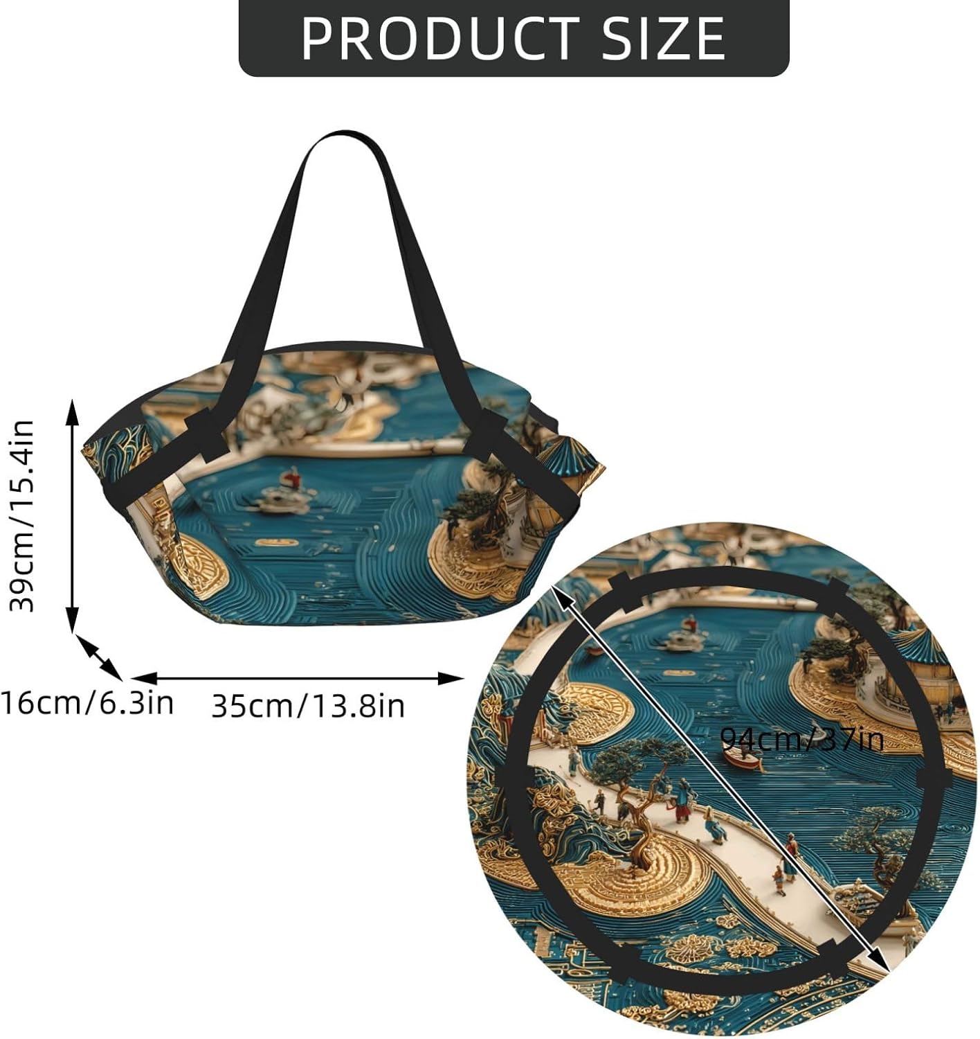 Foldable Camping Bag for Outdoor Picnic Beach Use Comfortable Light with Unique Exquisite Mountains and Rivers Print