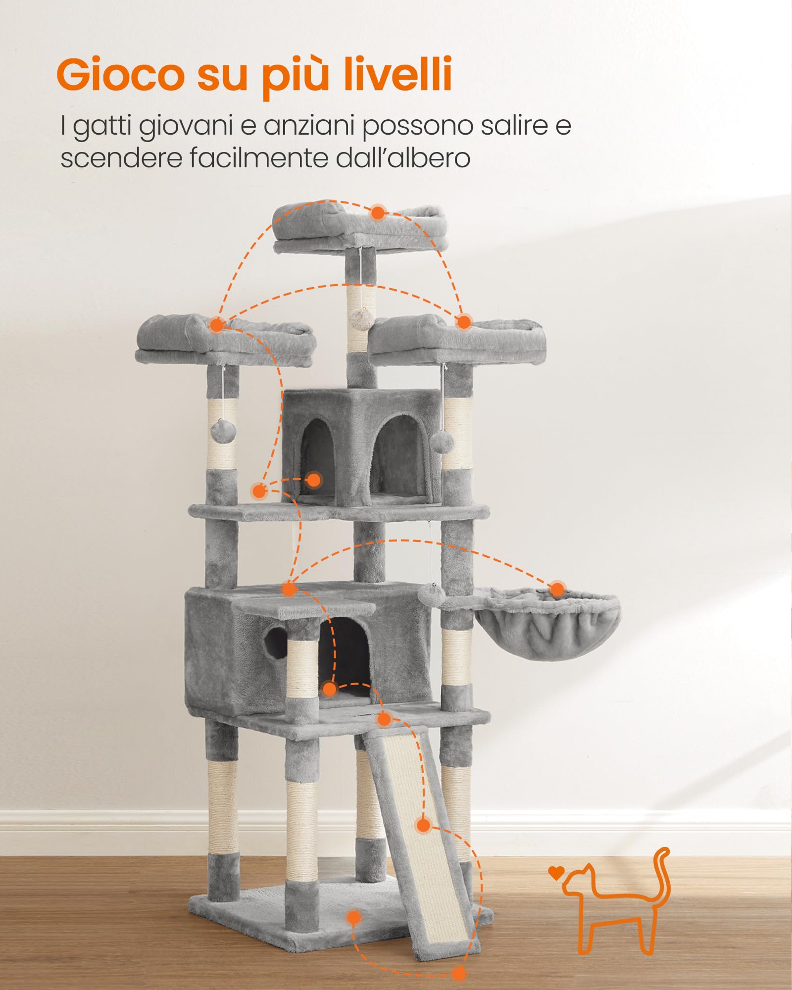 Feandrea Tiragraffi per Gatti, XXL Posatoio, 169 cm, Grigio Chiaro PCT019W01V1