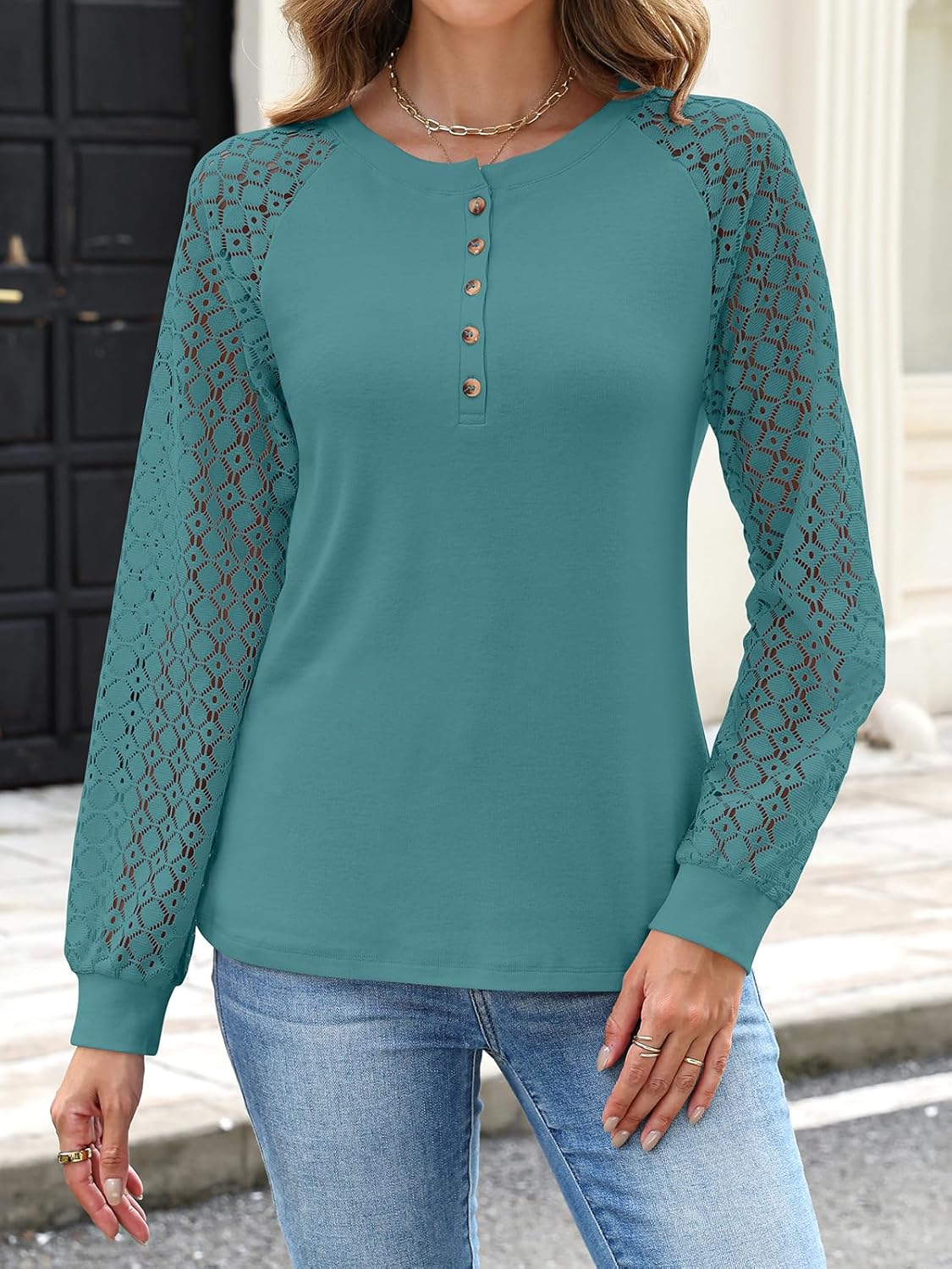 Minetom Womens Long Sleeve Shirts Lace Henley Tops Dressy Casual Blouses Fall Fashion Clothes - Image 2