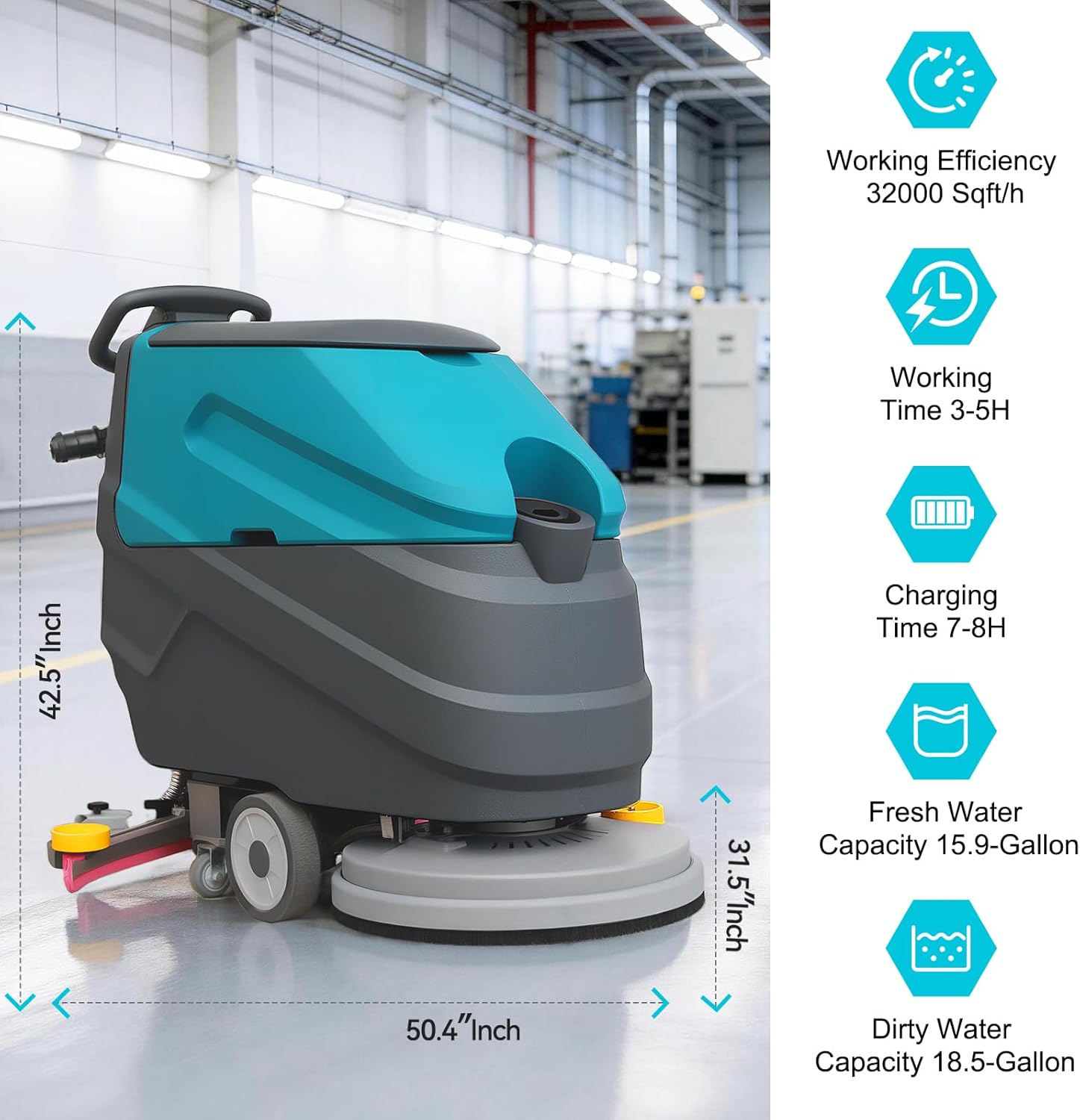 Walk-Behind Commercial Floor Scrubber Polisher Dryer Machine, Cleaning Width 22", Suction Width 31.5", 18.5-gal Sewage Tank, 32000 Sqft/h, Complete Set of Parts, for Hardwood, Tile & Hard Floors