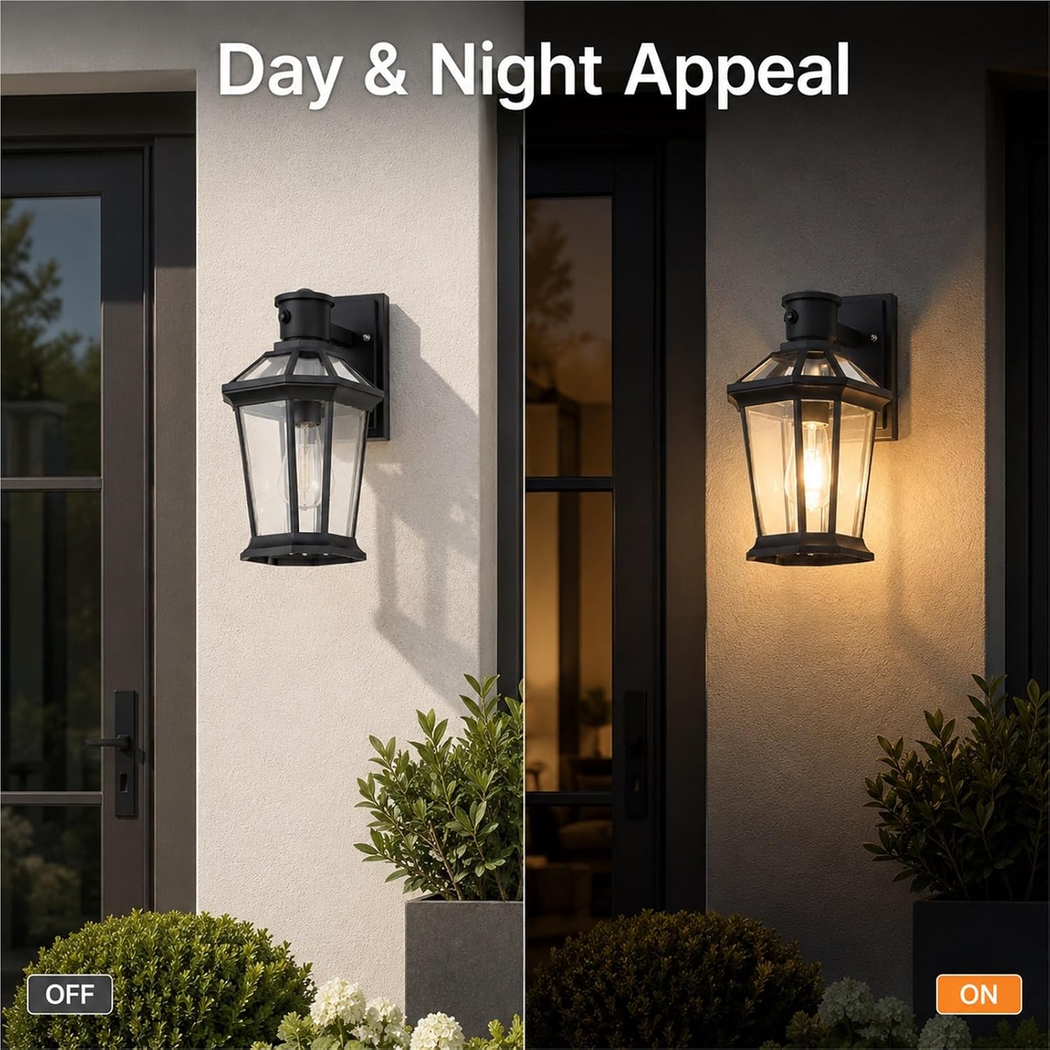 Induction Waterproof Die-Cast Aluminum Exterior Sconce with Glass Shade, Black Wall Lantern, American Retro Style Outdoor Wall Light, Dusk to Dawn Porch Lighting Fixtures for Patio Threshold