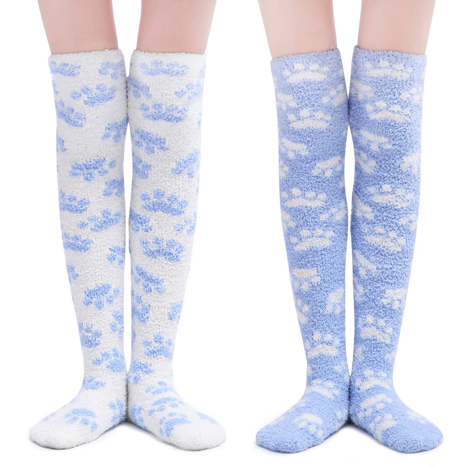 Littleforbig Cute Coral Fleece Thigh High Long Paws Pattern Socks 2 Pairs: Large Blue