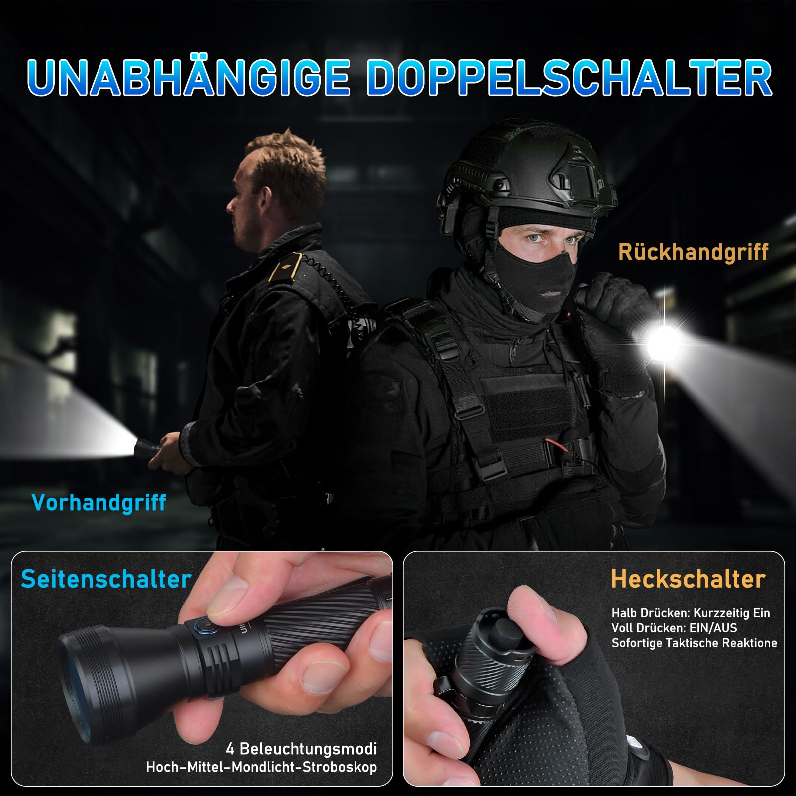 UltraFire 1800 Lumen Wiederaufladbare Taktische Taschenlampe, 4 Farben Jagdlicht Rot/Grün/Blau/Weiß, 4 Modi, Doppelschalter, 550 Meter Reichweite, IPX8 Wasserdicht, Camping Jagd Angeln Taschenlampe T6
