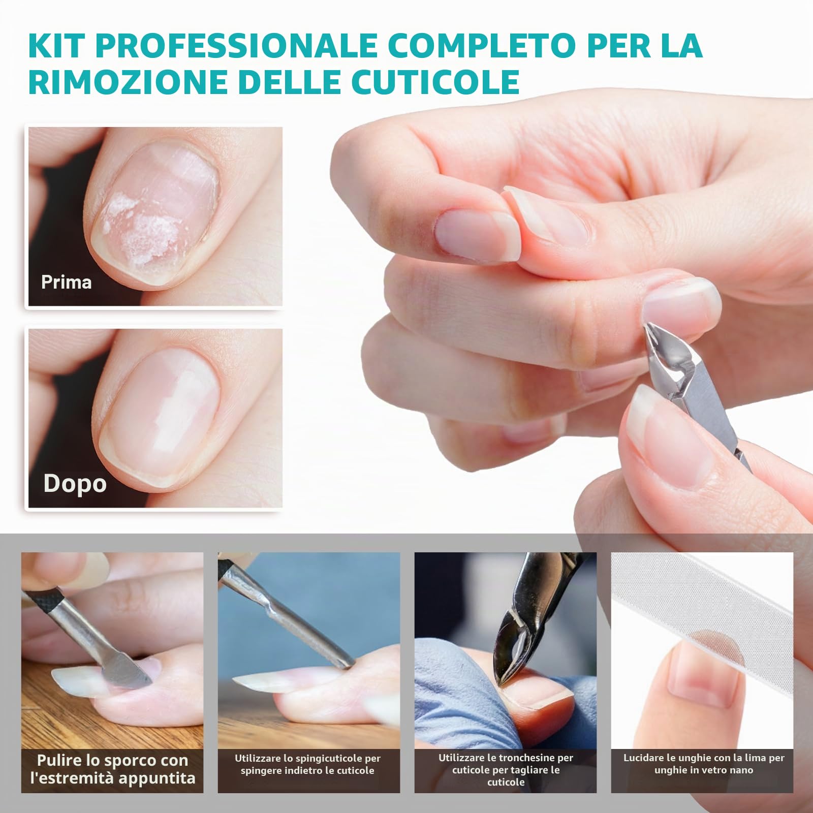 RONAVO Cuticola e Ricrescita Cuticole,4 in 1 Strumenti per Pedicure Manicure,con Forbicine per cuticole,Pelle Morta Remover Forchette, Spingi Cuticole a Doppia Testa,Nano Buffer Per Unghie in Vetro