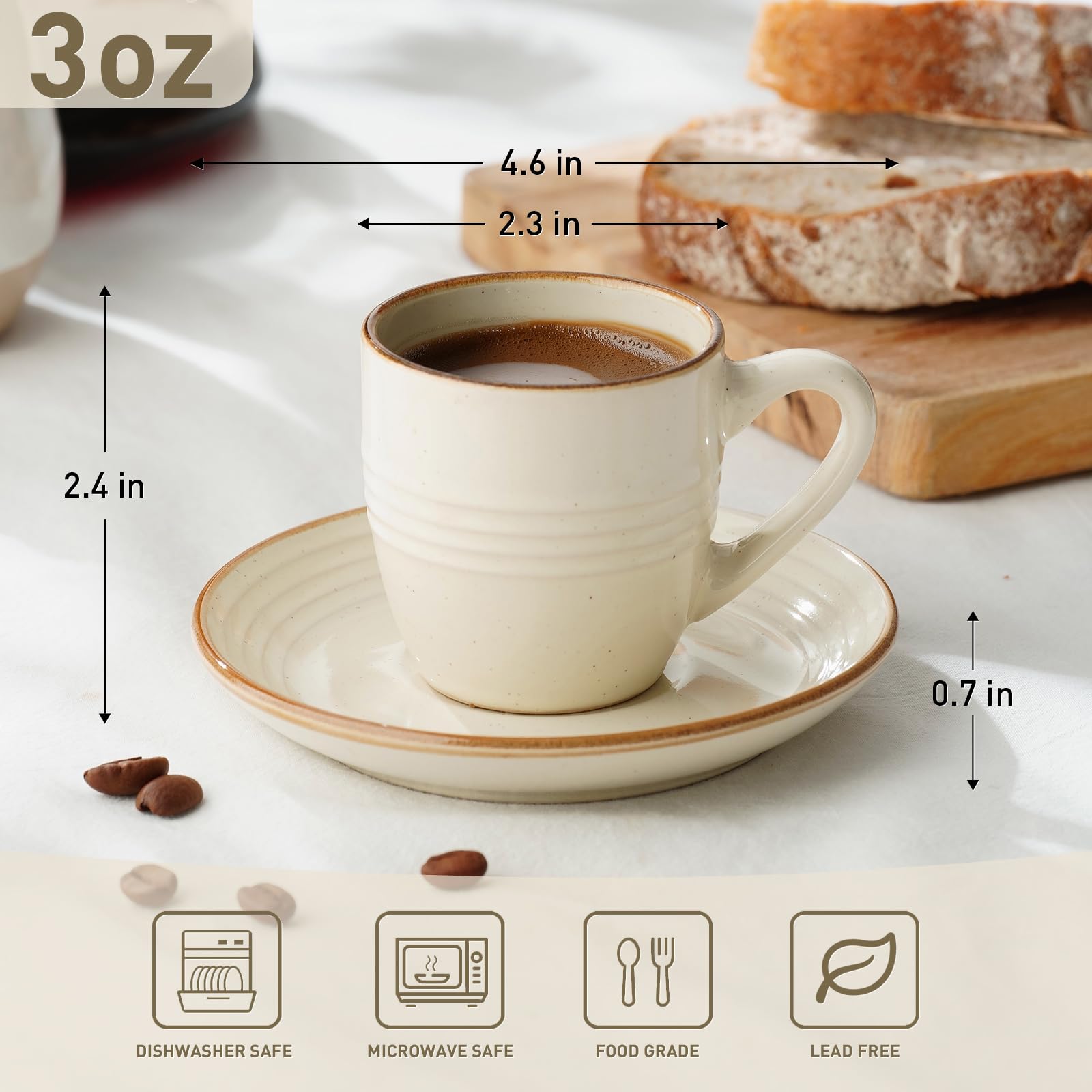 famiware Jupiter Lot de 4 tasses à expresso et soucoupes en céramique de 88 ml avec poignée, tasse en forme de spirale en grès pour thé, latte, café, passe au micro-ondes et au lave-vaisselle, blanc
