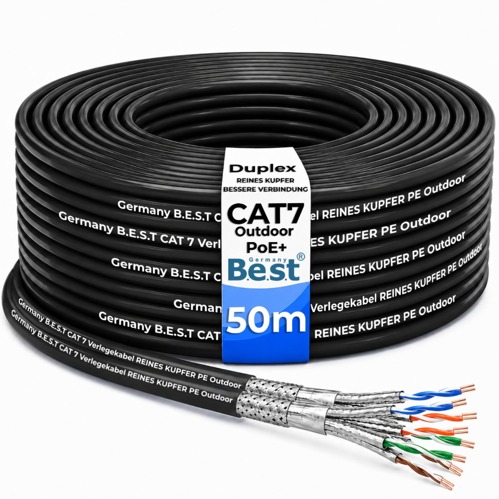 Germany B.e.s.t CAT 7 Outdoor kabel instalacyjny 50 m Duplex Best Gigabit kabel sieciowy miedziany LAN 1000 Mhz S/FTP Kat 7