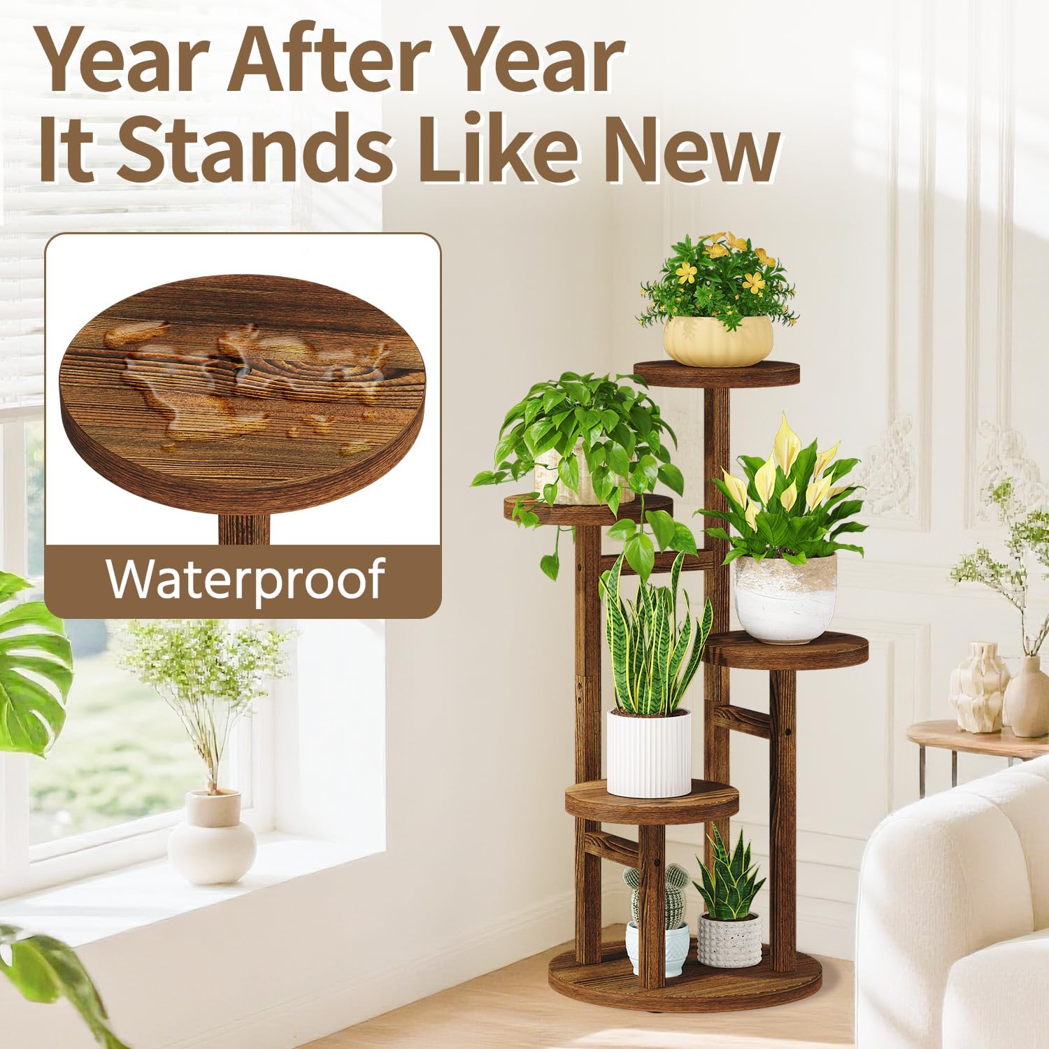 LASZOLA 4 Tiered Wood Plant Stand Indoor Corner, Flower Holder Rack Tall for Multiple Plants, Rustic Planter Shelf Display for Patio Garden Balcony Living Room