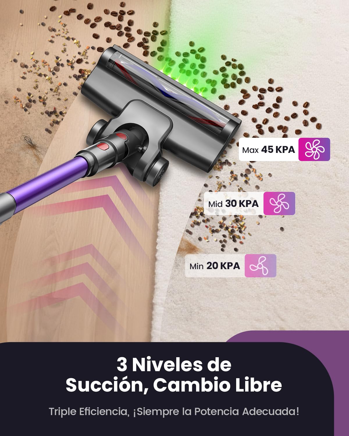 45kPa/580W/70Mins Aspiradora sin Cable, 1.8L Aspirador de Mano con Cepillo Antienredos, Pantalla Táctil, Carga de Pared, 6 en 1 Escoba Aspiradora, Ideal para Suelos Alfombras Pelo de Animales