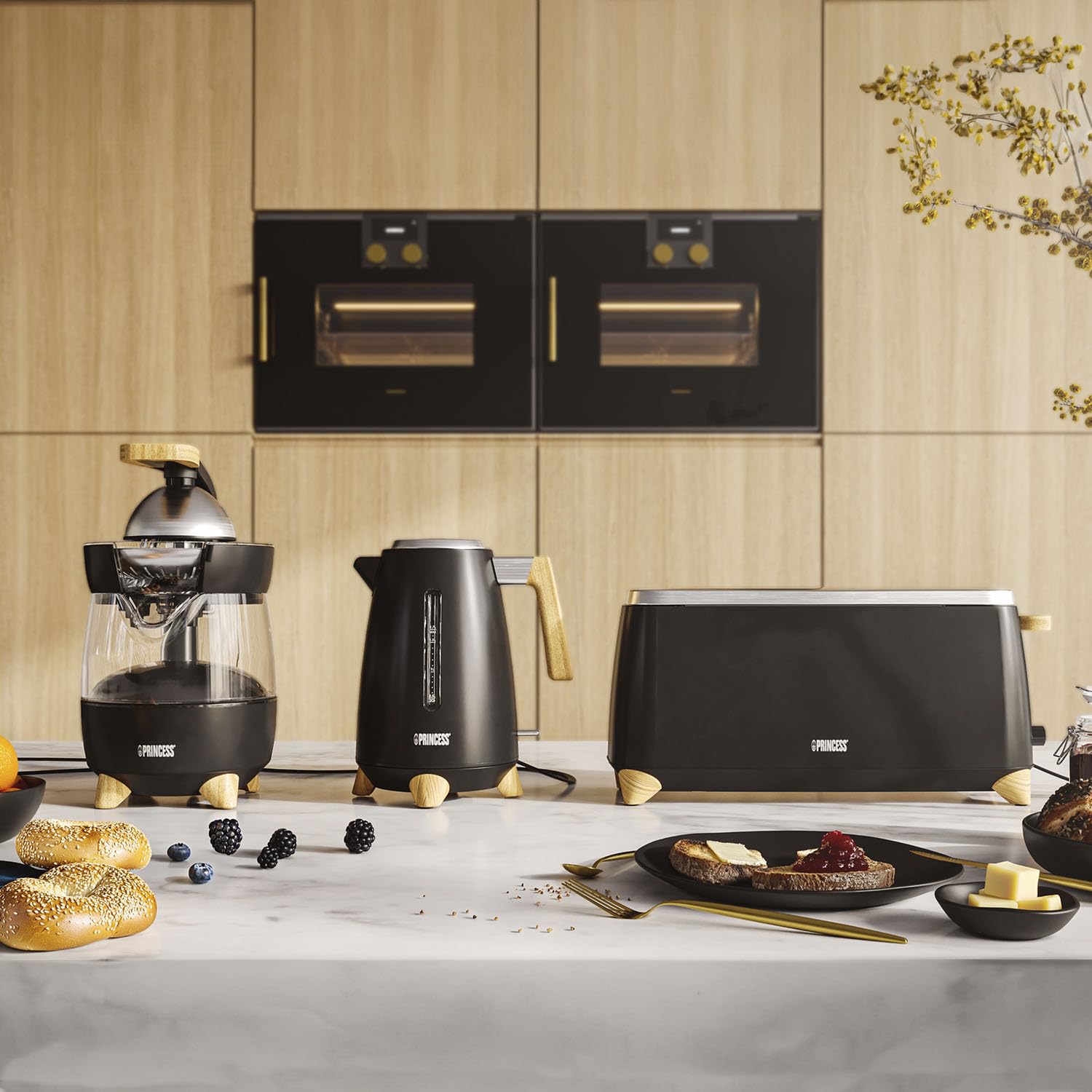 Hervidor Princess Pure - 1,7 L - Diseño de bambú - Giratorio 360° - 3000 W - Negro mate