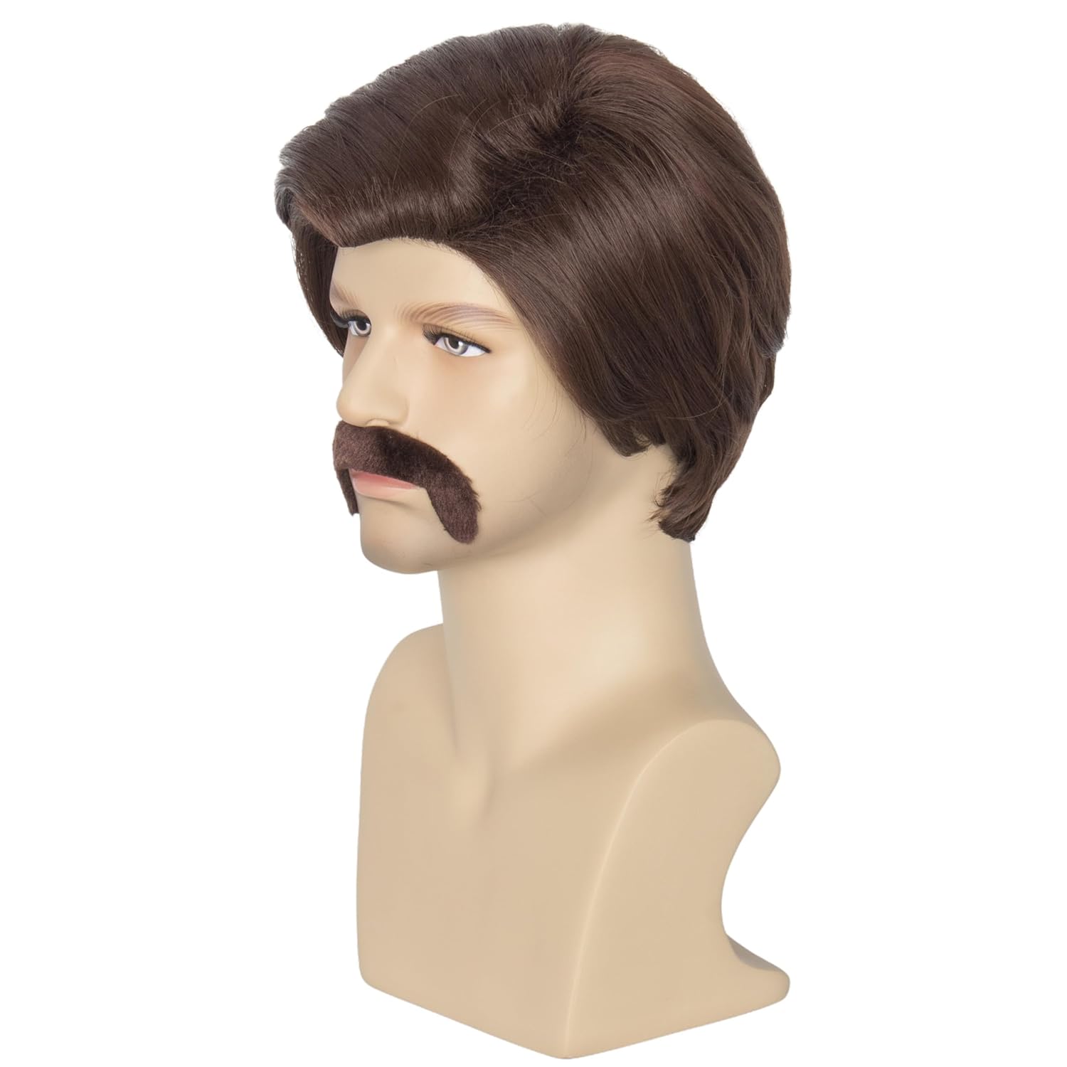 Miss U Hair Men Short Brown Wig with Mustache 70s 80s Costume Party Wig - Image 7