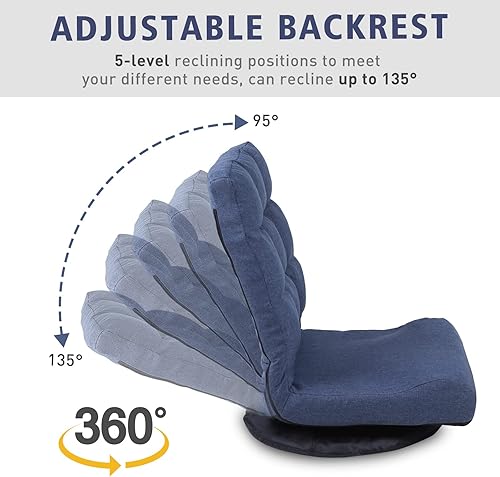 Miniatura 6 de Silla de suelo giratoria de 360 con respaldo de 6 posiciones y soporte lumbar, mecedora plegable resistente para juegos de 300 libras, silla