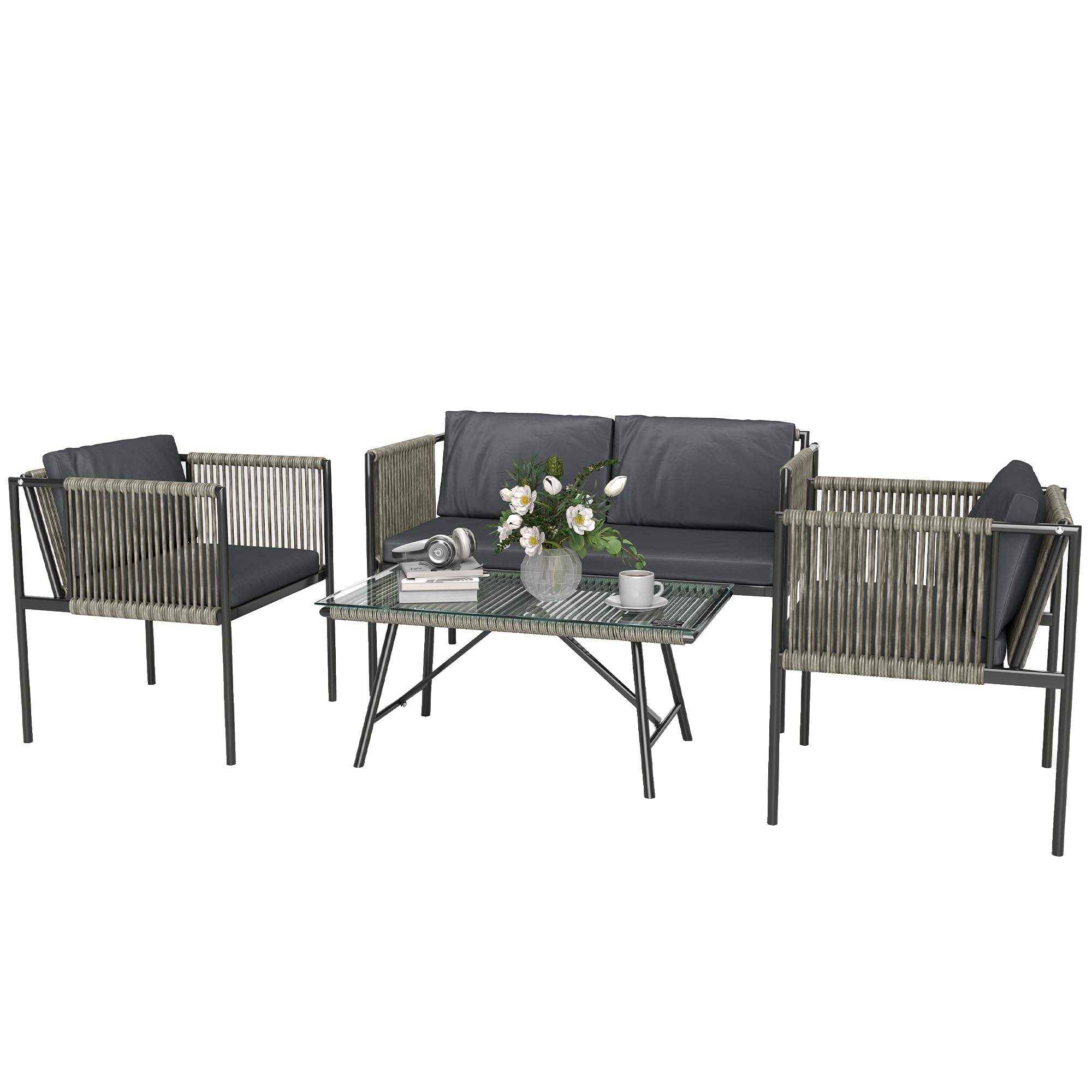 Outsunny Tuinmeubelset van polyrotan loungeset met 2-delige bank, stoel, glazen tafel, kussen, weerbestendig, balkonmeubel voor 4 personen, outdoor zitgroep, terrasmeubels voor tuin balkon, grijs