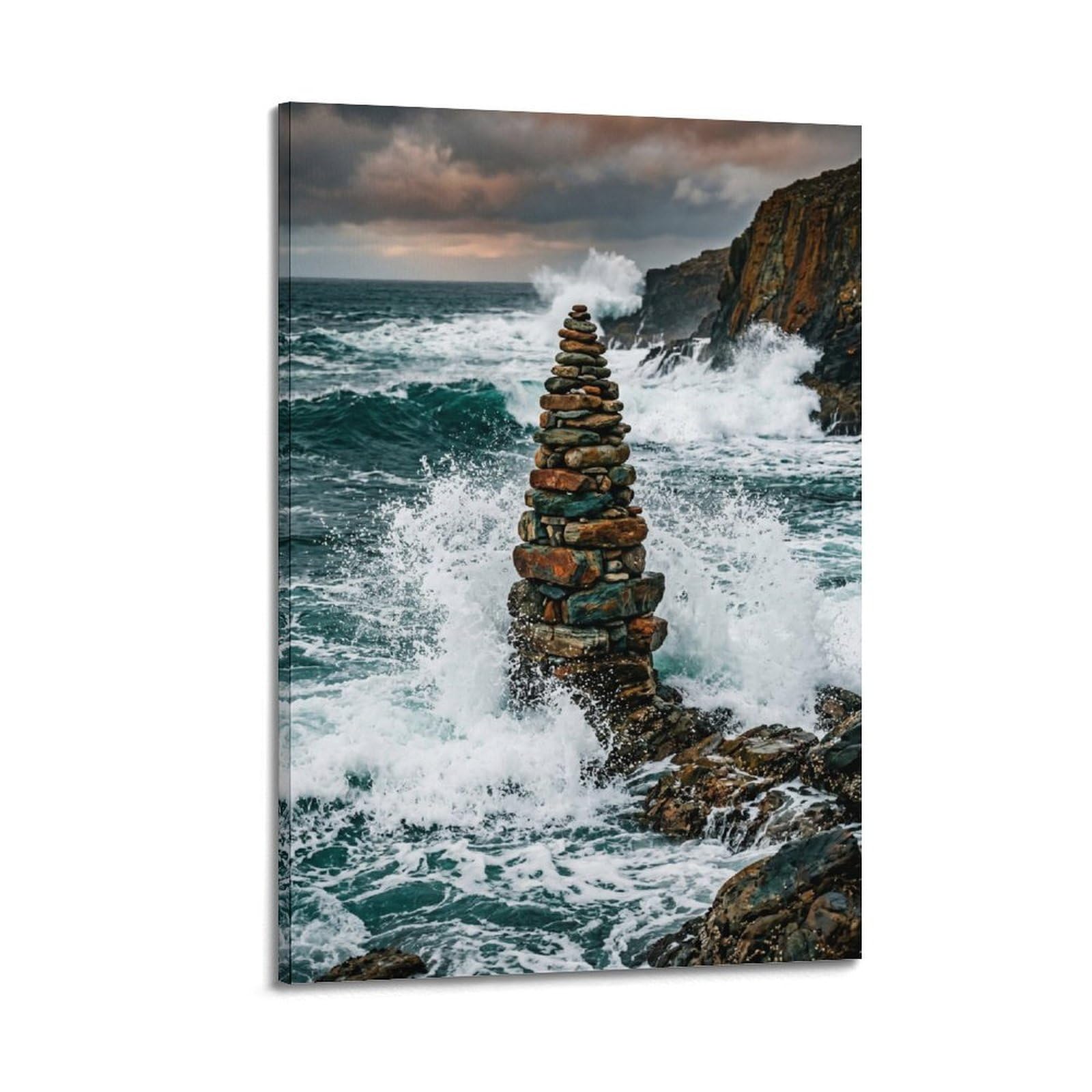 XKUGA Nature Balance Poster Ocean Cairn Storm Waves Healing Serenity Modern Decorative Canvas Prints - Ideal Wall Art for Family, Man Cave, Game Room, Boys & Girls Bedroom 20x30inch(50x75cm)