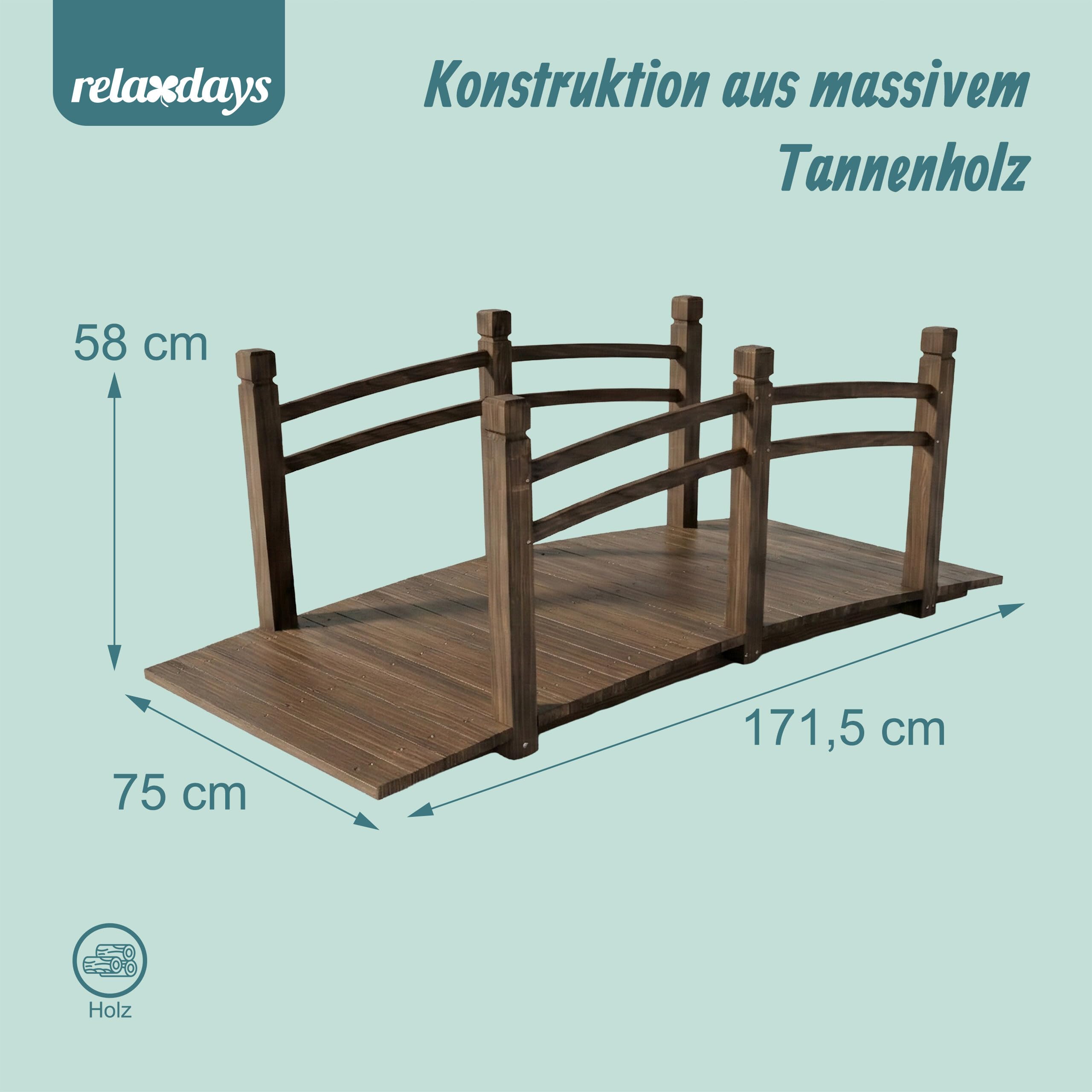 Relaxdays Garten Brücke, mit Geländer, Tannenholz, Gartenteich, HxBxT: 58 x 171,5 x 75 cm, 200 kg, Holzbrücke, braun