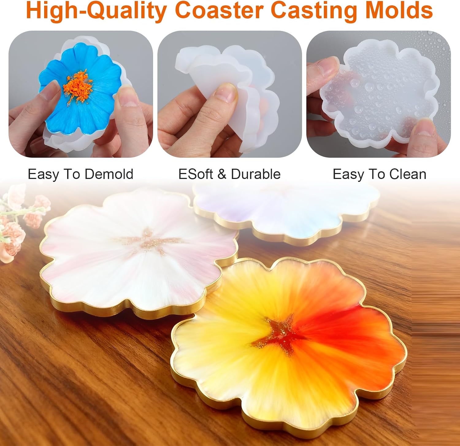 4 Pcs Flower Resin Coaster Molds Silicone, Ymapinc 3.35 Inch Silicone Flower Molds for Resin, DIY Craft/Home Decoration/Table Wine Tray Casting Mold