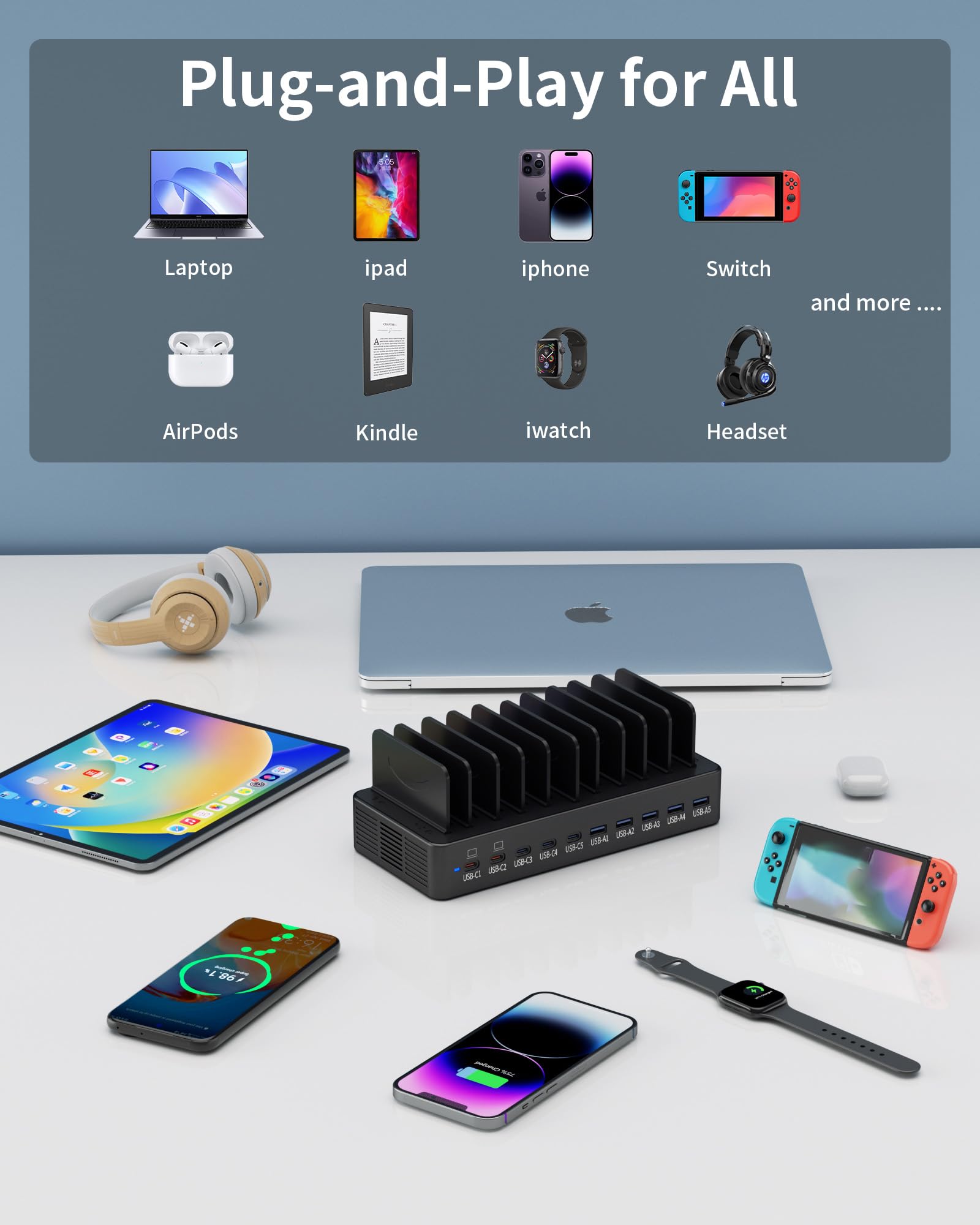 Estación de carga de 580 W para múltiples dispositivos, estación de carga rápida USB C de 10 puertos, base de carga dual PD de 100 W con separadores ajustables y 6 cables, organizador de dispositivos