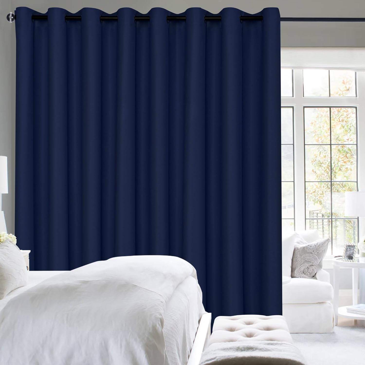 Hiasan Sliding Patio Door Blackout Curtains,1 Panel Sewn with Tiebacks,Navy Blue Room Divider Curtain for Living Room,Bedroom Partition,Shared Office Space with Grommet Top,100W x 96L Inches