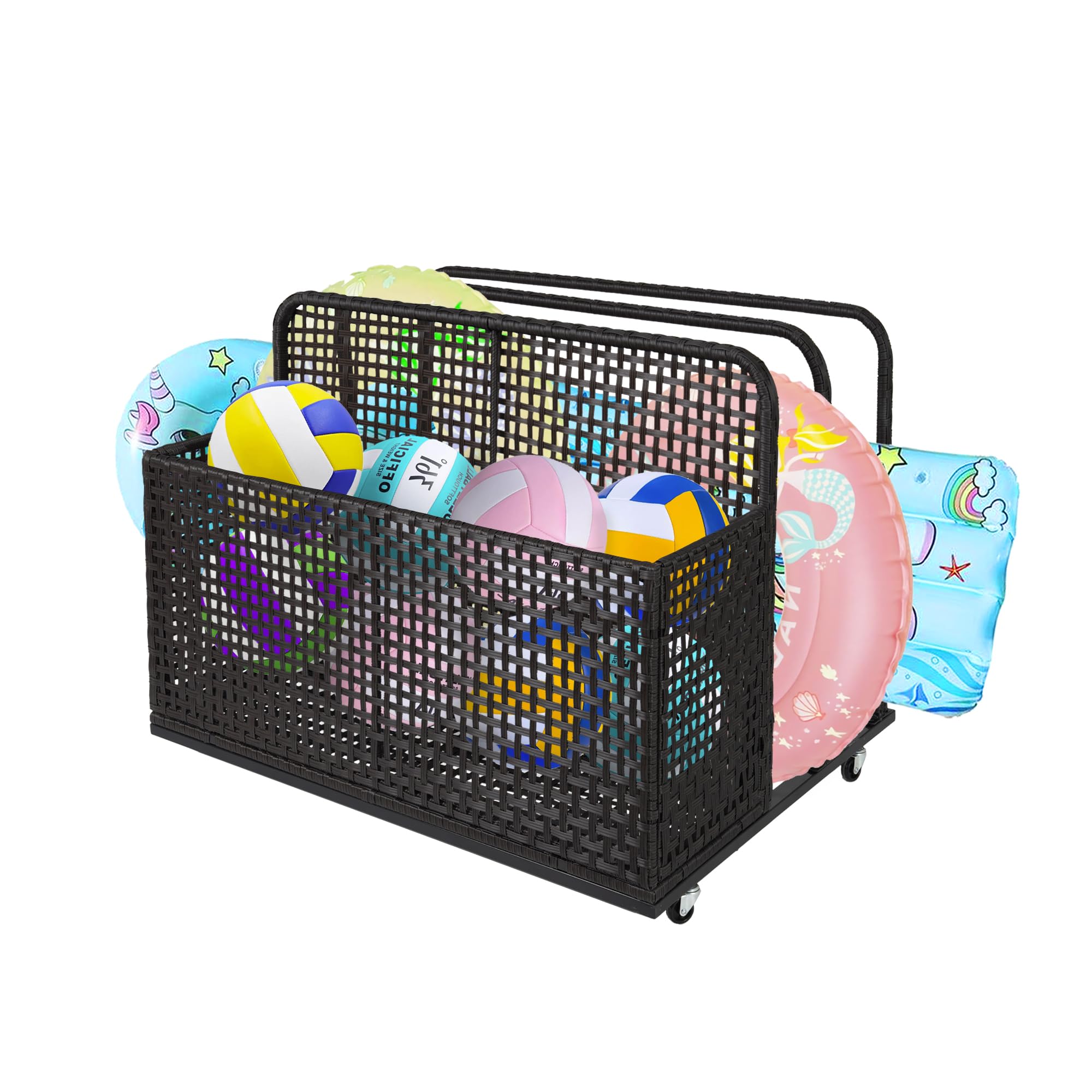 Hapihom Pool Storage Bin, Rolling Poolside Float Storage with Towel Rack and Wheels, PE Rattan Mesh Organizer for Swimming Equipments, Floaties, Toys, Floats, Cushions, Life Vests, Beach Balls - F