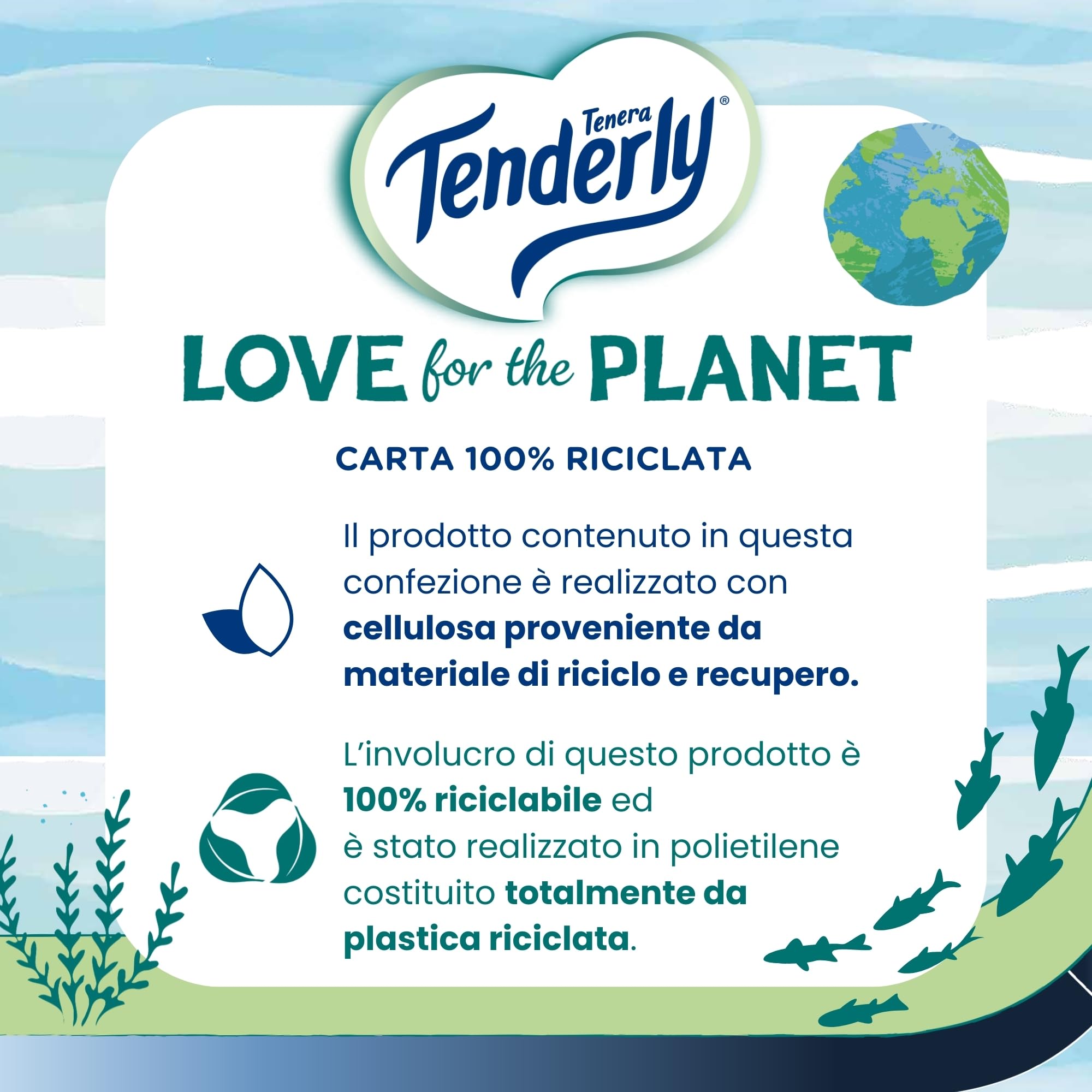 Tenderly Love for the Planet, 56 Rotoli di Carta Igienica (14 conf. da 4 rotoli), Cellulosa 100% Riciclata, Dermatologicamente Testato, Made in Italy