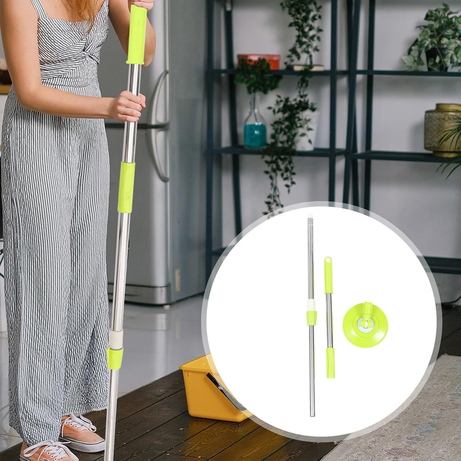 Rotary Mop Replacement Rod Durable Three-Section Mop Pole for Efficient Floor Cleaning Easy to Assemble and Detach Green Stainless Steel Design