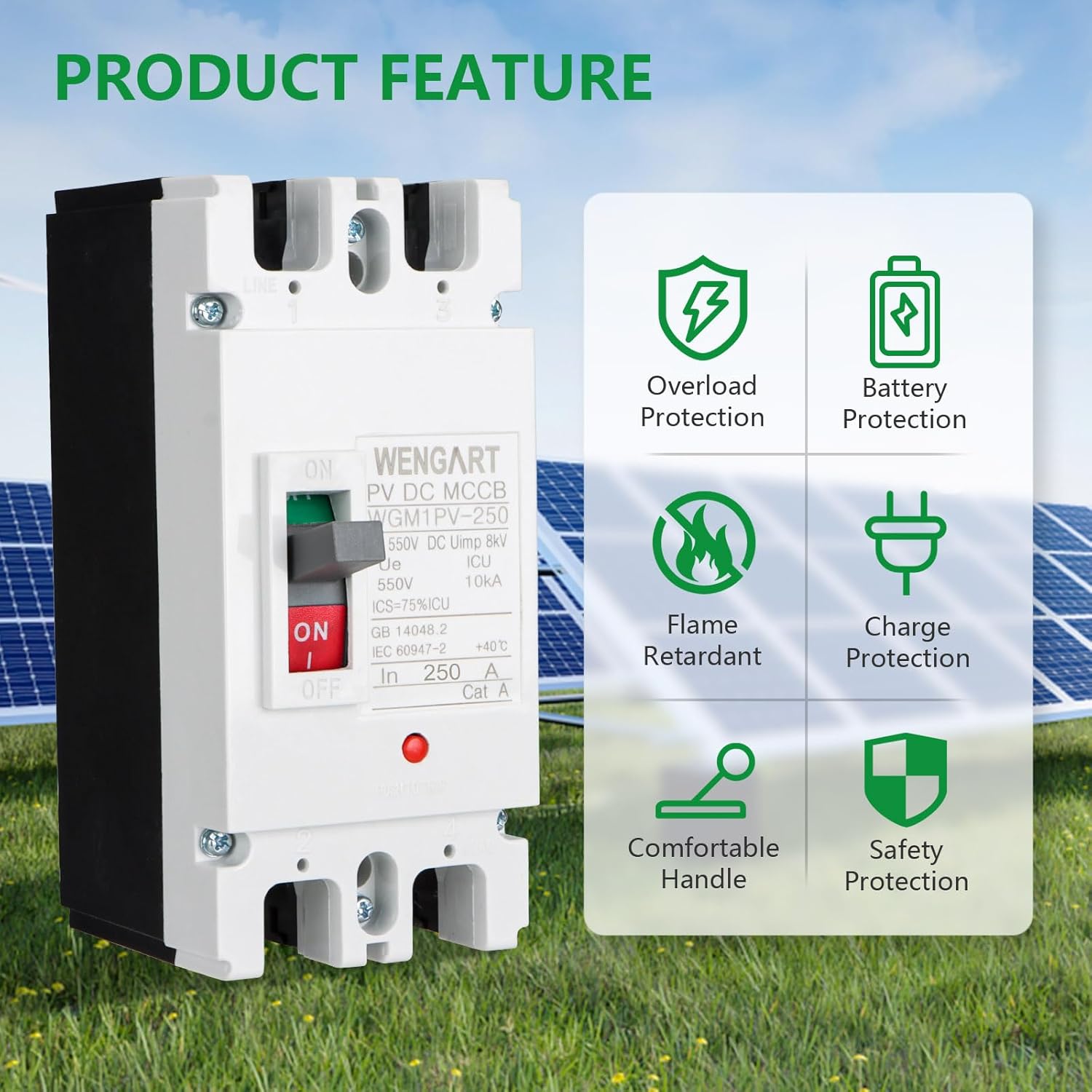 Condition photo showing Good Condition for WENGART DC MCCB 500VDC WGM1PV-250,250Amp Solar PV Disconnect Switch,2P Heavy Duty Molded Case Breaker with Arc Chutes for Solar Energy Systems,ESS & Battery Protection