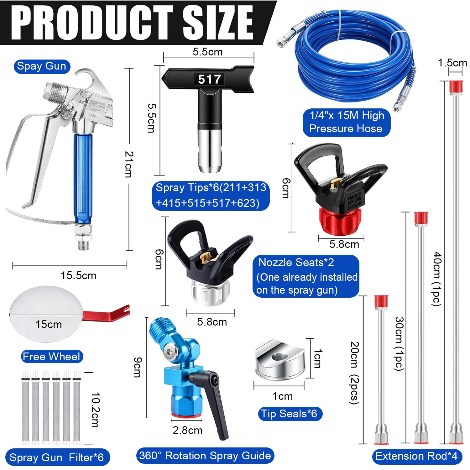 22 pezzi Kit pistola per verniciare, Pistola a spruzzo airless 3600PSI con tubo flessibile da 15 m & 6 Ugello & 4 asta prolunga & 6 filtri & Strumento di guida & ugello seggiolino