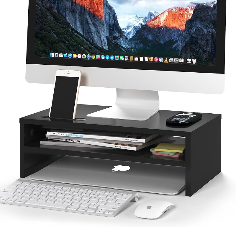 BONTEC Wooden Monitor Stand Riser for Desk, 2-Tier Computer Monitor Stand | 66 lbs Desk Shelf Organizer with Storage, Laptop & Printer Stand with Phone Holder and Cable Management, Black, 16.5 Inch