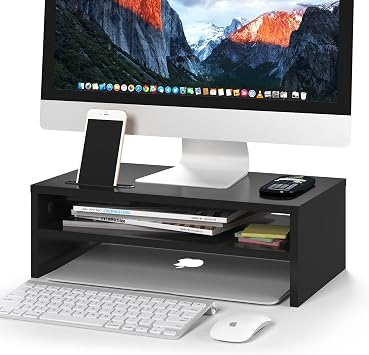 BONTEC Wooden Monitor Stand Riser for Desk, 2-Tier Computer Monitor Stand | 66 lbs Desk Shelf Organizer with Storage, Laptop & Printer Stand with Phone Holder and Cable Management, Black, 16.5 Inch