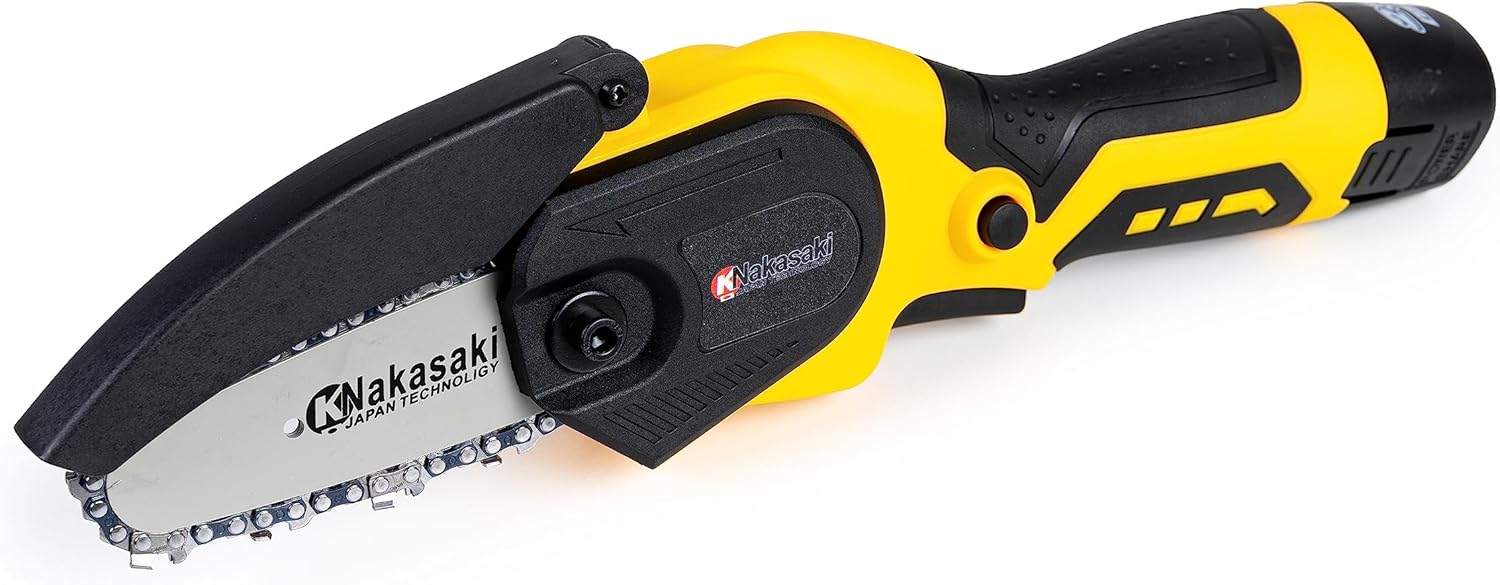 Full view of the KNAKASAKI Mini Chainsaw, showing its compact yellow and black design.
