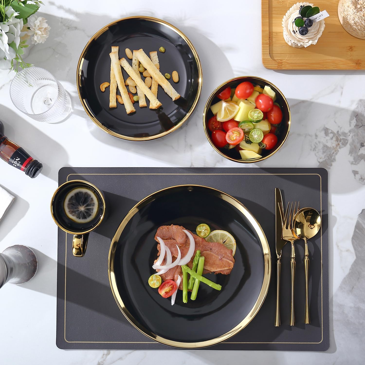 16-Piece Black and Gold Dinnerware Set for 4, Elegant Porcelain Plates and Bowls Set with Golden Rim, Modern Luxury Tableware Service, Complete Dish Set for Home Dining and Gifts - Image 6
