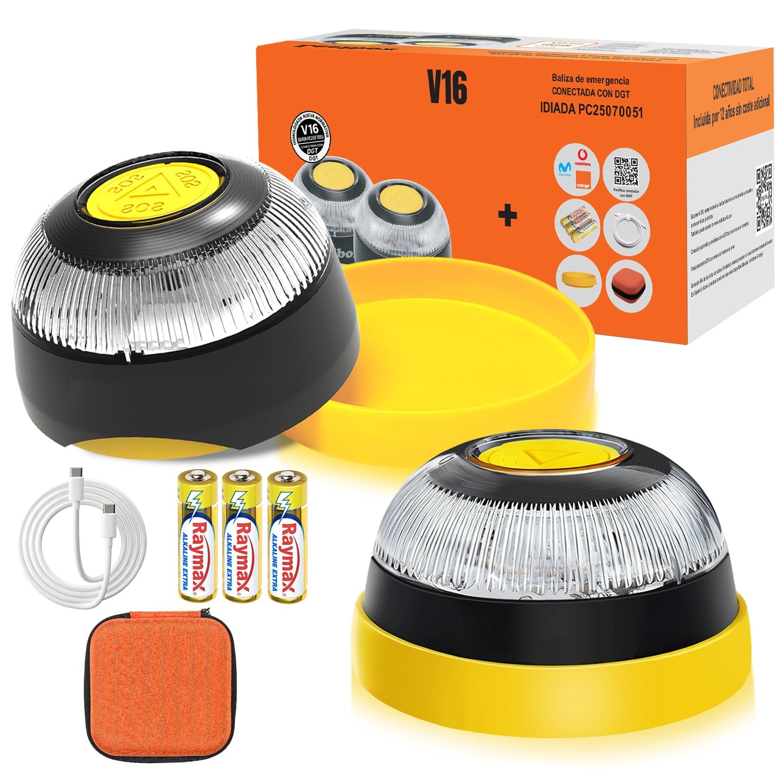 Baliza V16 Homologada DGT con Geolocalización Luz de Emergencia V-16 Conectada DGT 3.0 con SIM y Datos hasta 2038 (L-2PCS)