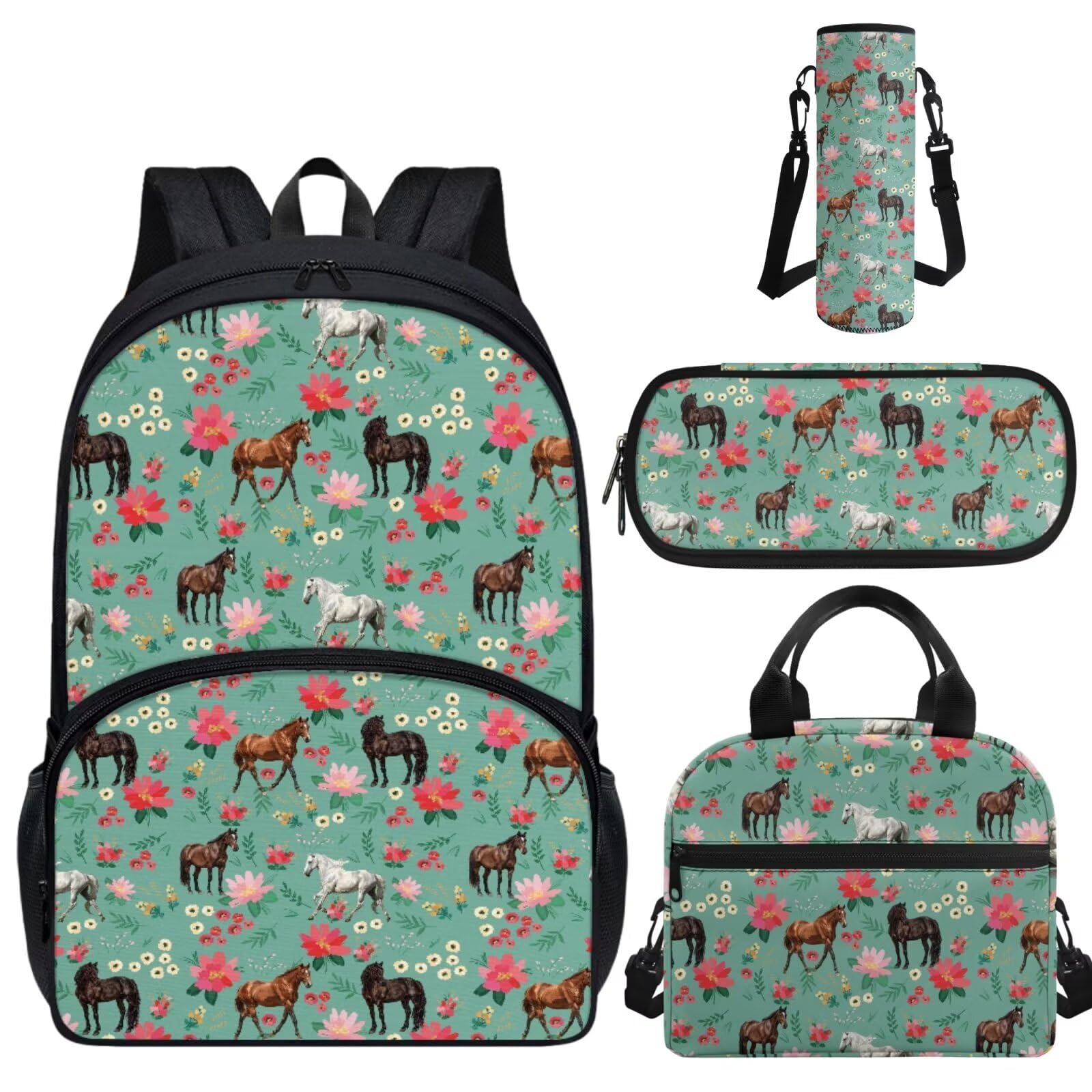 Cugasmaru 4 Piece Horse Backpack Set for Girls Floral School Backpack for Boys with Lunch Box and Water Bottle Sleeves Kids School Bag Lightwieght