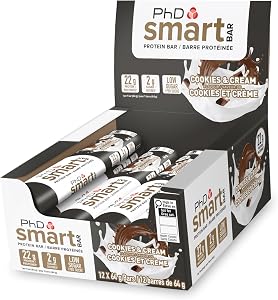 PhD Nutrition Smart Plant Bar Low Calorie, Low Sugar Vegan Bar/Protein Snacks, 20g of Plant Protein, 64g Bar (12 Pack) (12, Cookies & Cream)