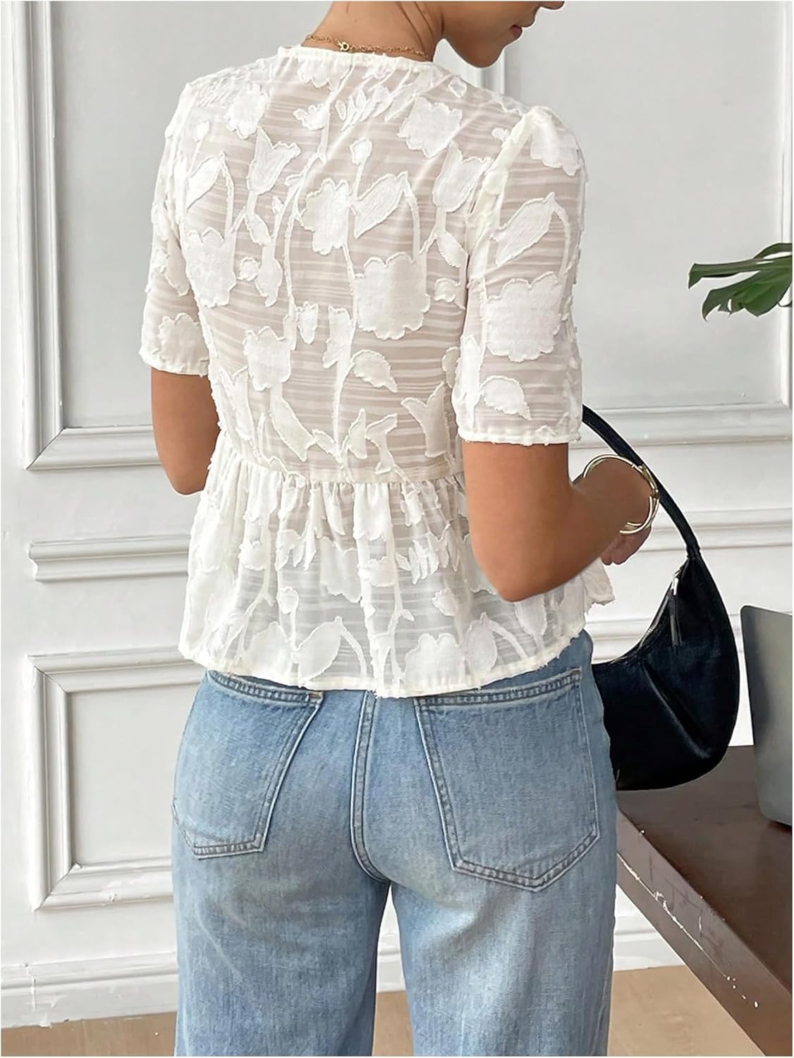 GORGLITTER Women's Floral Peplum Tops Bow Sheer Short Sleeve Blouses Dressy Cute Babydoll Tops Summer Going Out Outfits - Image 2