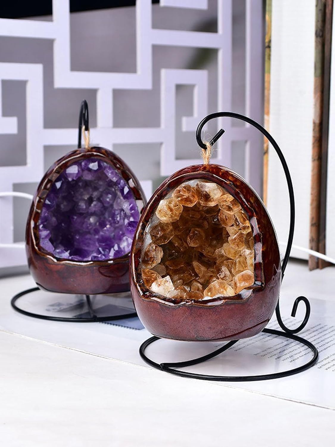 Amethyst Geode Night Light Citrine Egg Quartz Crystal Lamp Crystal Bedside Lamp for Home Decor,Bedroom, Living Room Ideal Gift for Women & Men,Purple
