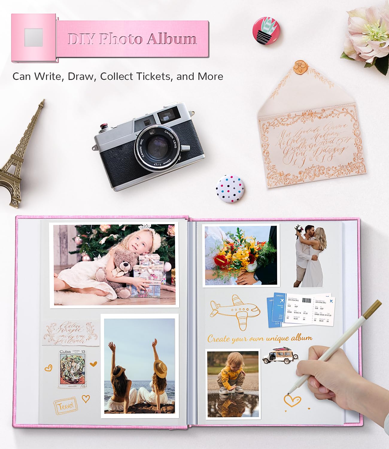 Artfeel Photo Album Self Adhesive Scrapbook Album for 3x5 4x6 5x7 8x10 Pictures,60 Pages Linen Cover with Display Window DIY Photo Book,Ideal Gifts for Family Travel Wedding Baby: 11.5"x10.5"40Pages Pink