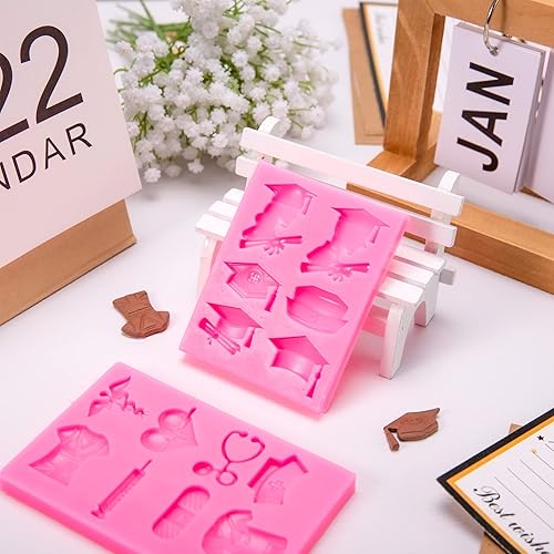 Miniatura 5 de Whaline Paquete de 2 moldes de silicona para fondant con temática de graduación de enfermera, equipo médico, equipo médico, molde de caramelo, molde