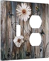 Vista 97 de Cubierta de interruptor de luz basculante de palanca de 2 bandas con textura de tablón rústico, diseño floral de mariposa y margarita