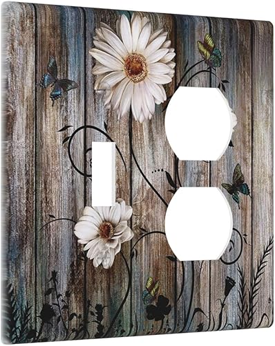 Miniatura 97 de Cubierta de interruptor de luz basculante de palanca de 2 bandas con textura de tablón rústico, diseño floral de mariposa y margarita