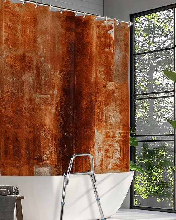 Forzzniciya Split Shower Curtain for Transfer Bench, Burnt Orange Waterproof Shower Curtains Set with Hooks - 72 x 72 Inches, Oil Painting Abstract Geometric Bathroom Privacy Curtain Panel by Forzzniciya - Used condition - Image 7