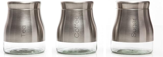 Set of 3 Pieces Glass Body Tea Coffee Sugar Canister Caddy Storage Jars Set Stainless Steel Silver
