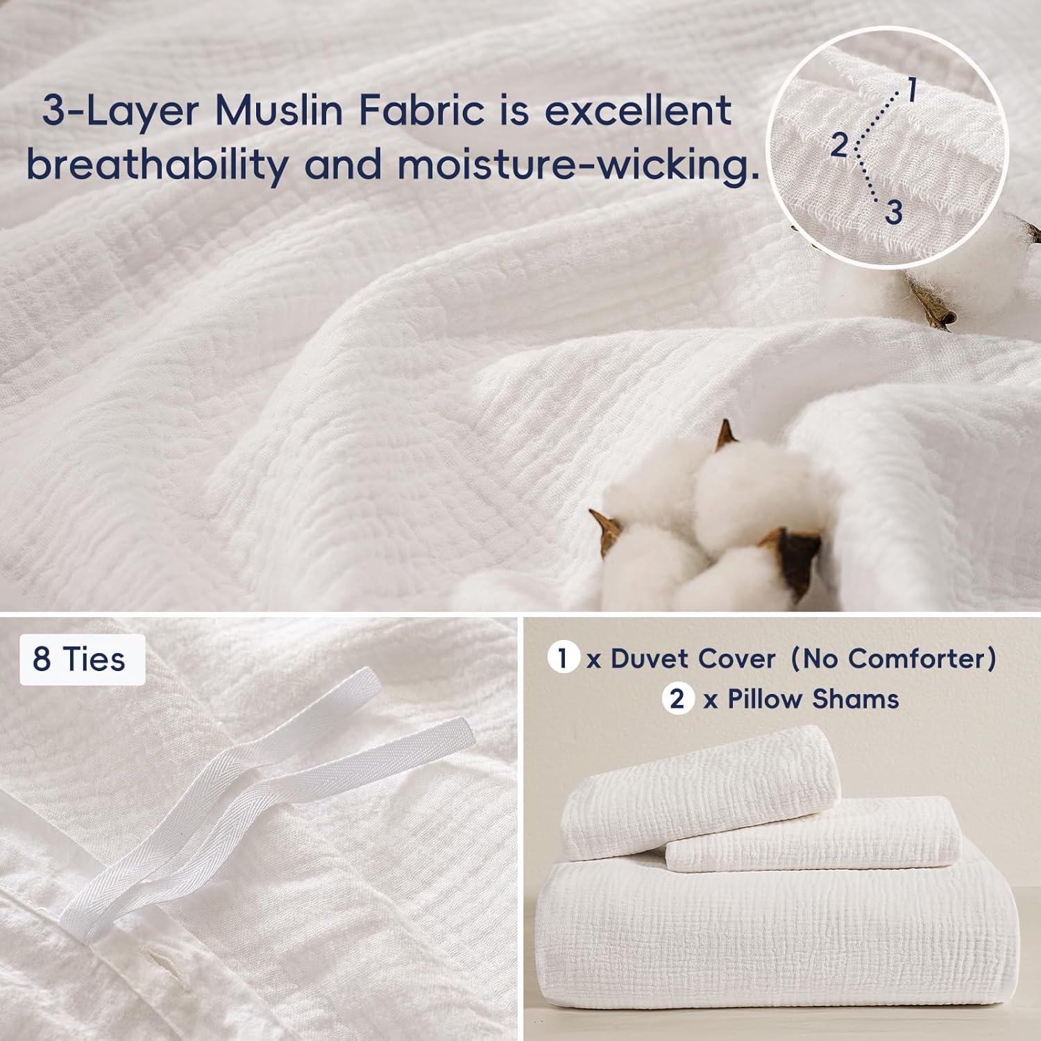 PHF 100% Cotton Muslin Duvet Cover Queen Size, 3-Layer Guaze Ultra Soft Breathable Textured Linen Like, 3pcs Bedding Comforter Cover Set for All Season, Duvet Set with 2 Pillow Shams, 90"x90", White